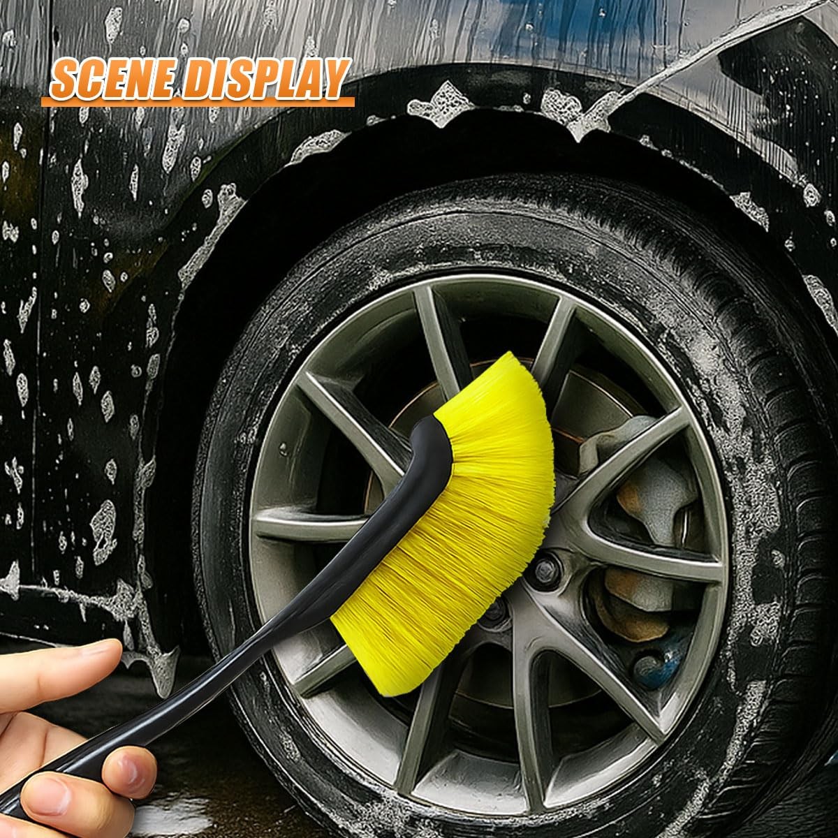 Car Wheel Cleaning Brush, 12” Hard Bristle Auto Tire Gap Scrub Brush with Lo…