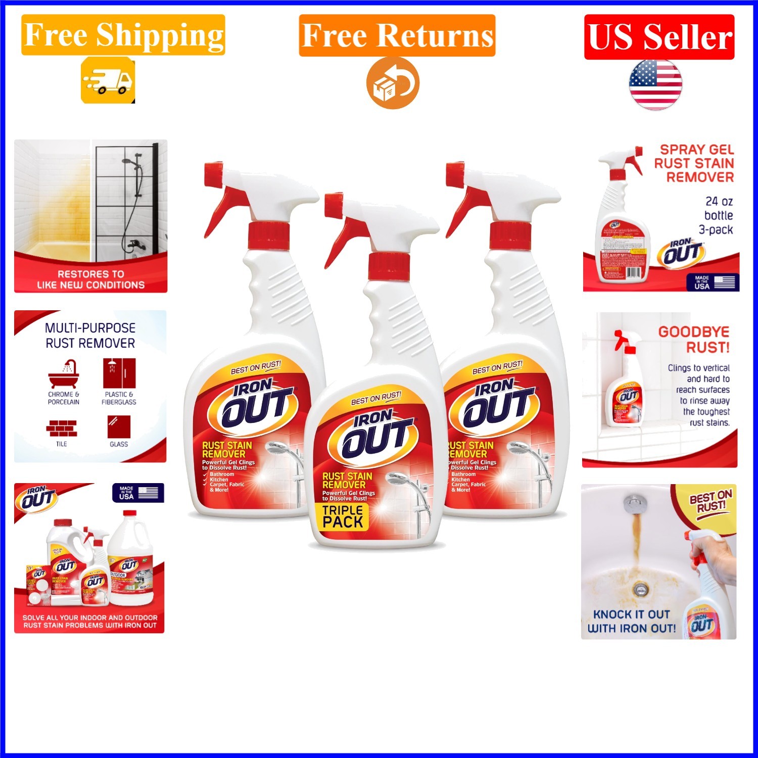 Rust Stain Remover Spray Gel, 24oz, Pack of 3, No Scrubbing