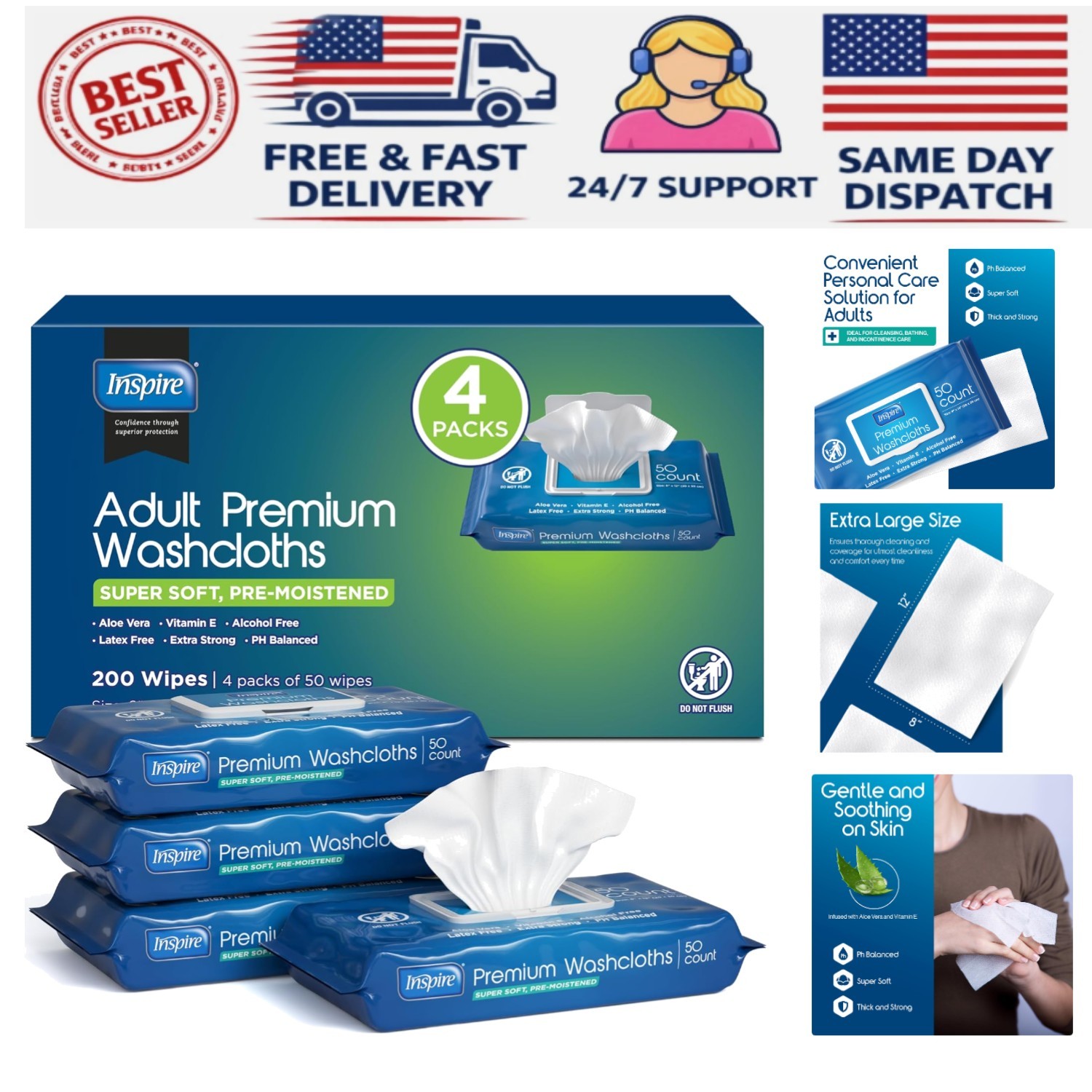 Oversized 8×12 Adult Wet Wipes | 200 Hypoallergenic Cleansing Cloths for Seniors