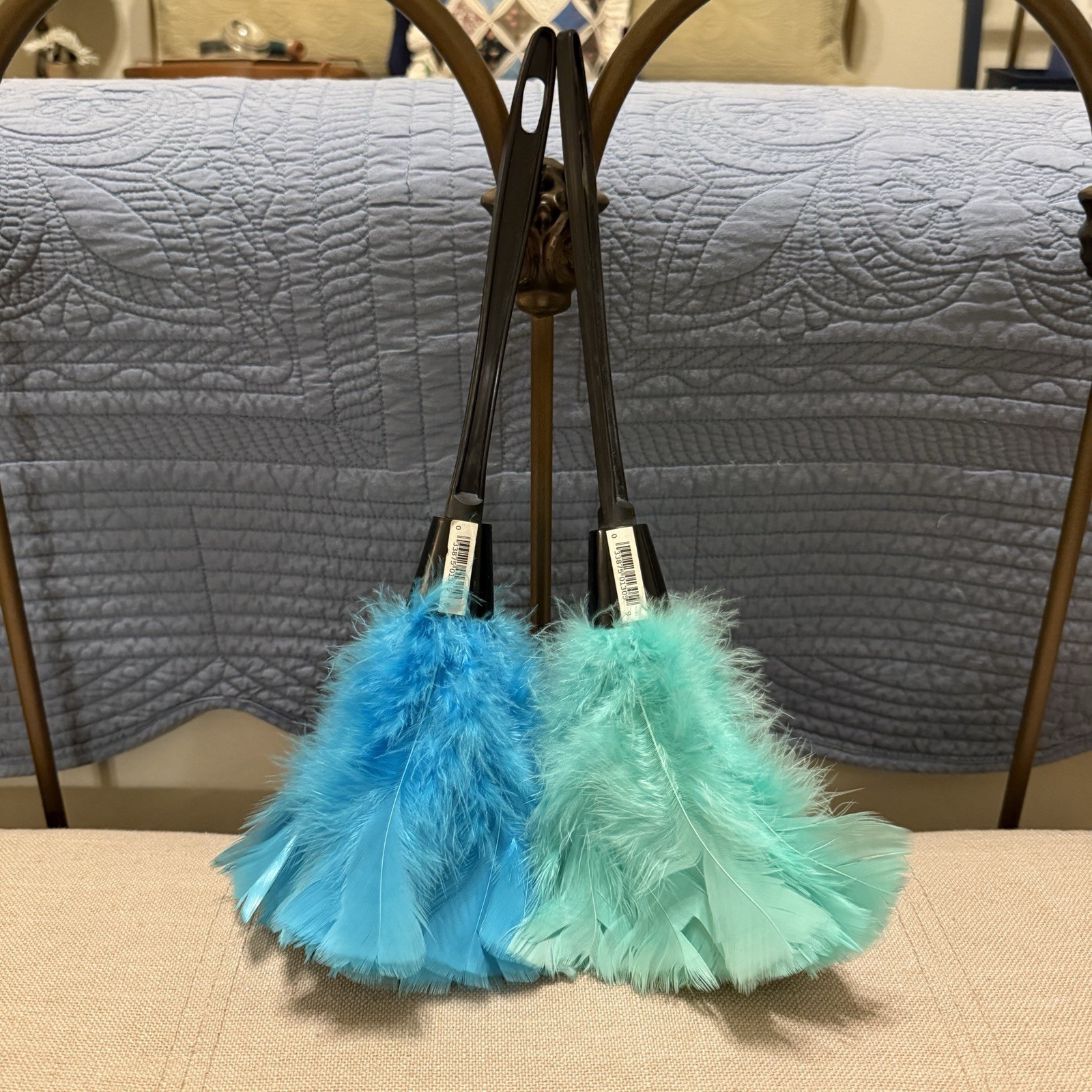 Vintage Feather Dusters Set Of 2 Blue Green Plastic Handle 14” Theatre