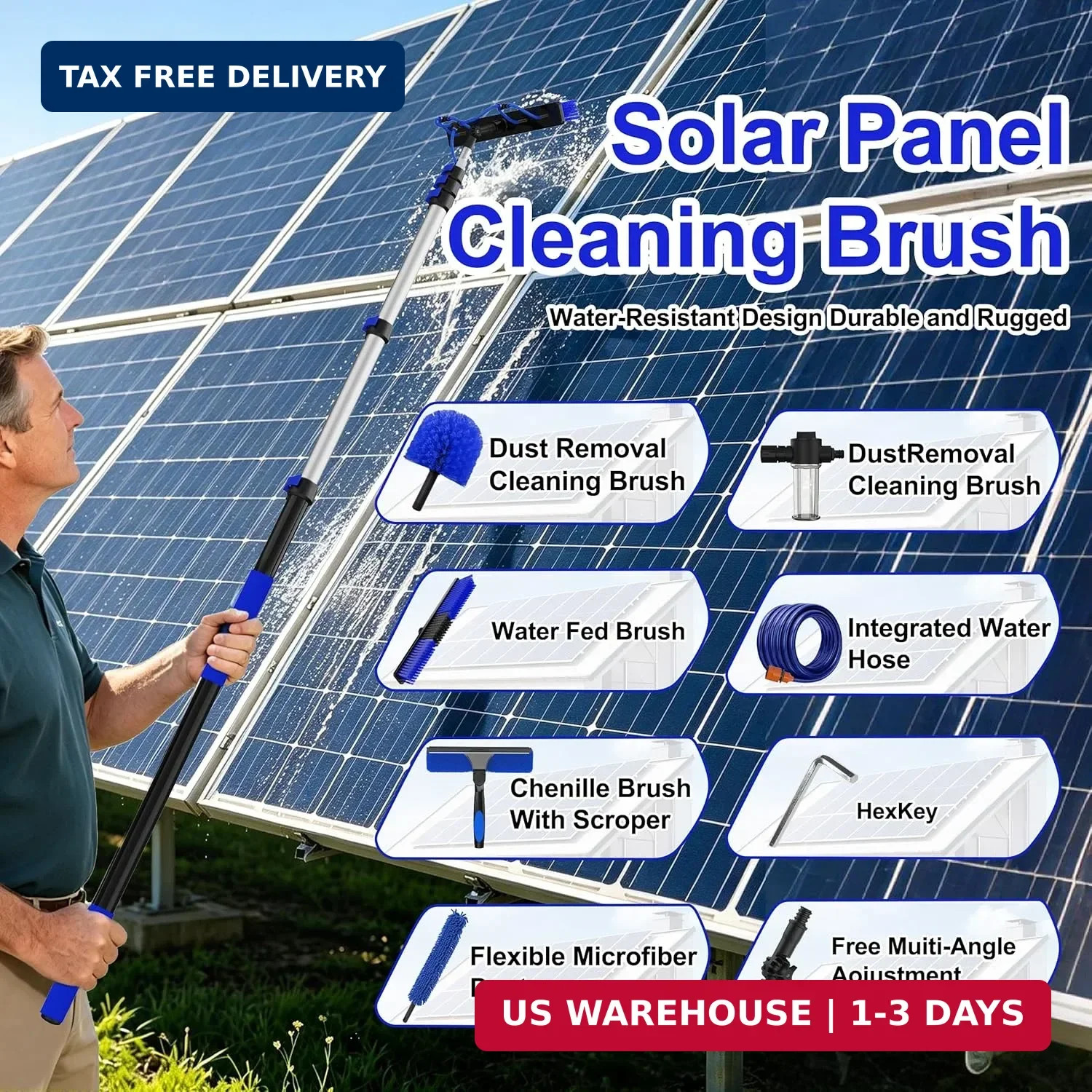 30FT Reach Solar Panel Cleaning Brush Kit with 5-24FT Telescoping Pole, 40FT Hos