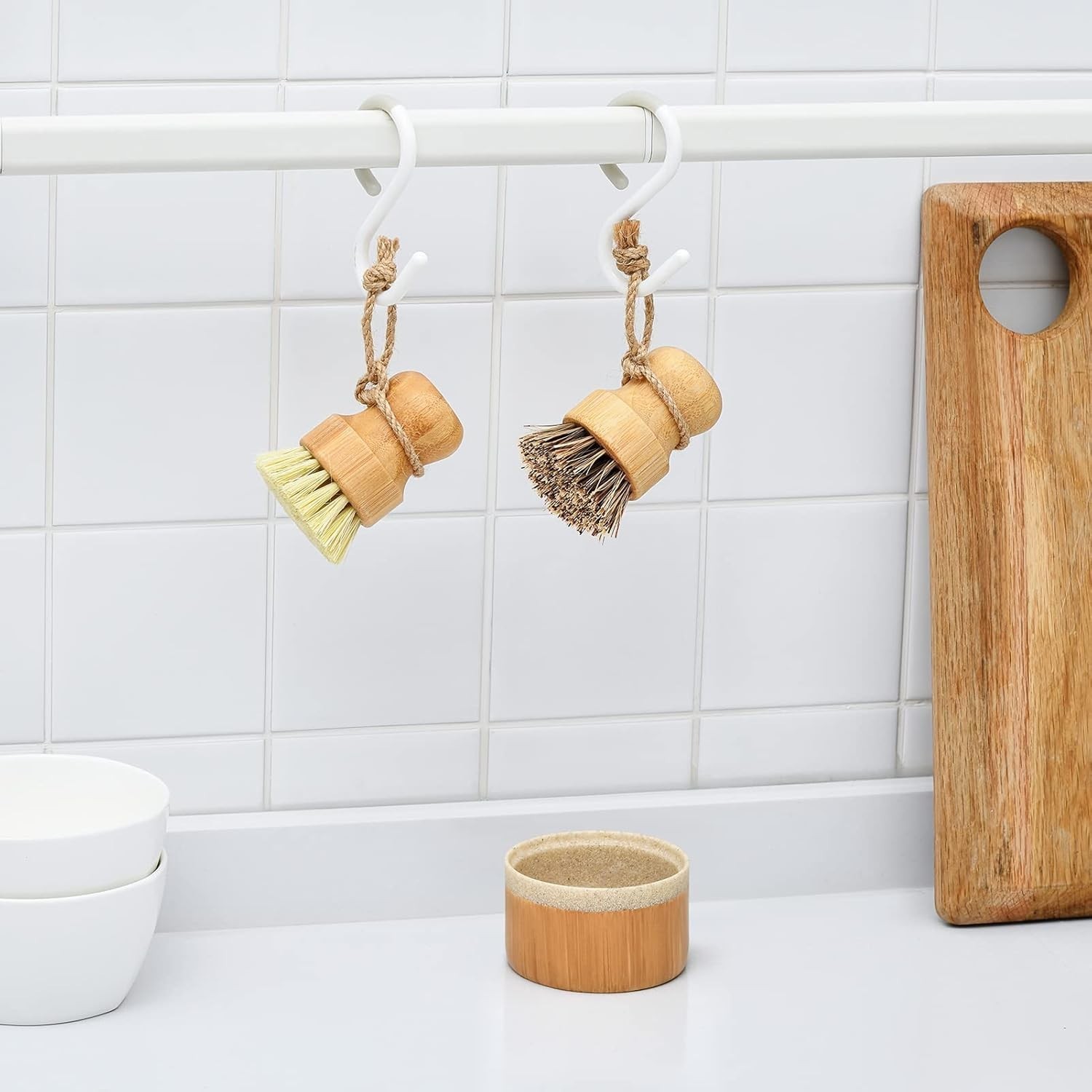 Bamboo Dish Brush Set with Soap Holder, Wooden Dish Scrubber with Soap Dispen…