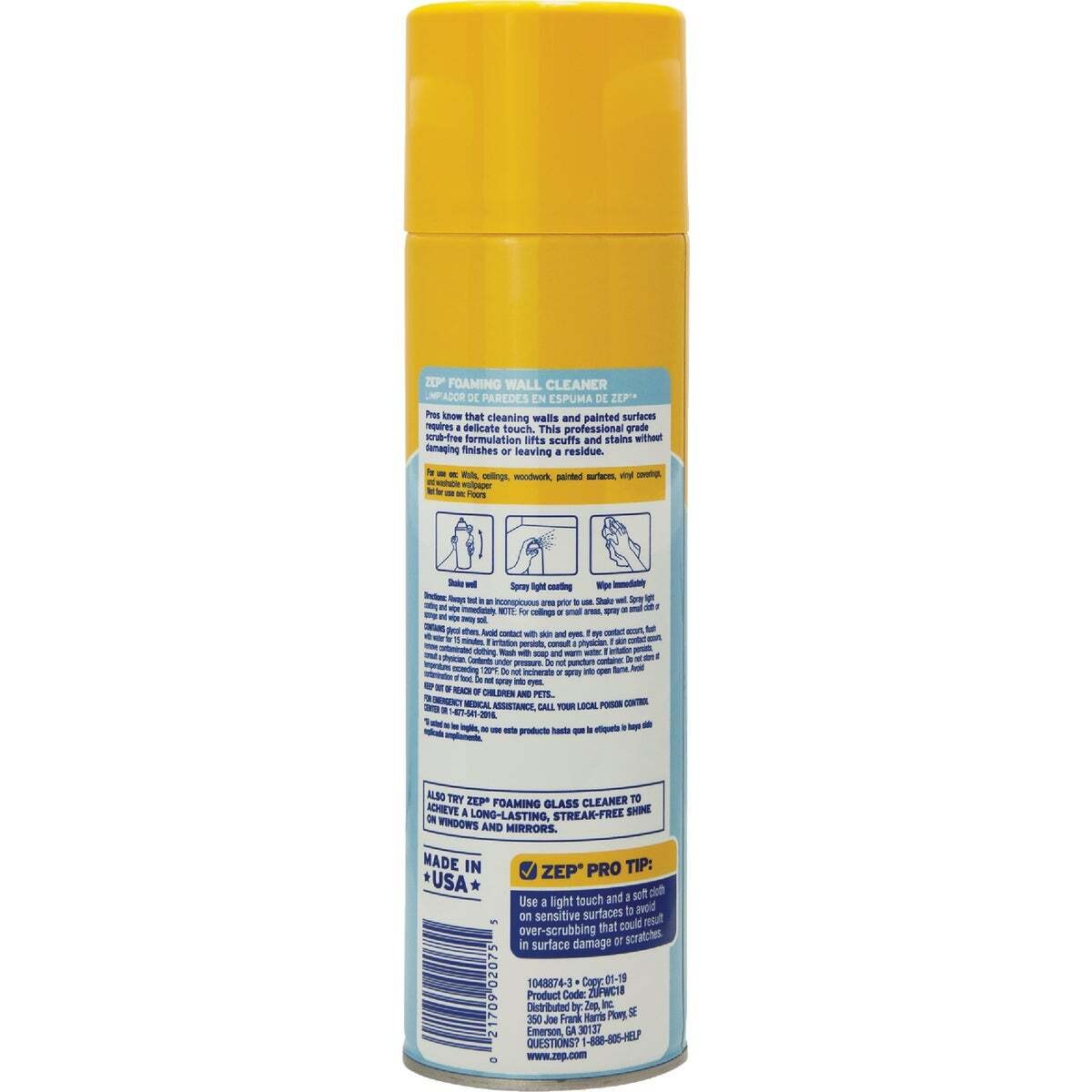 Zep, Inc. ZUFWC18 Foaming Wall Cleaner, 18 oz Can, Ammonia, Opaque Off-White