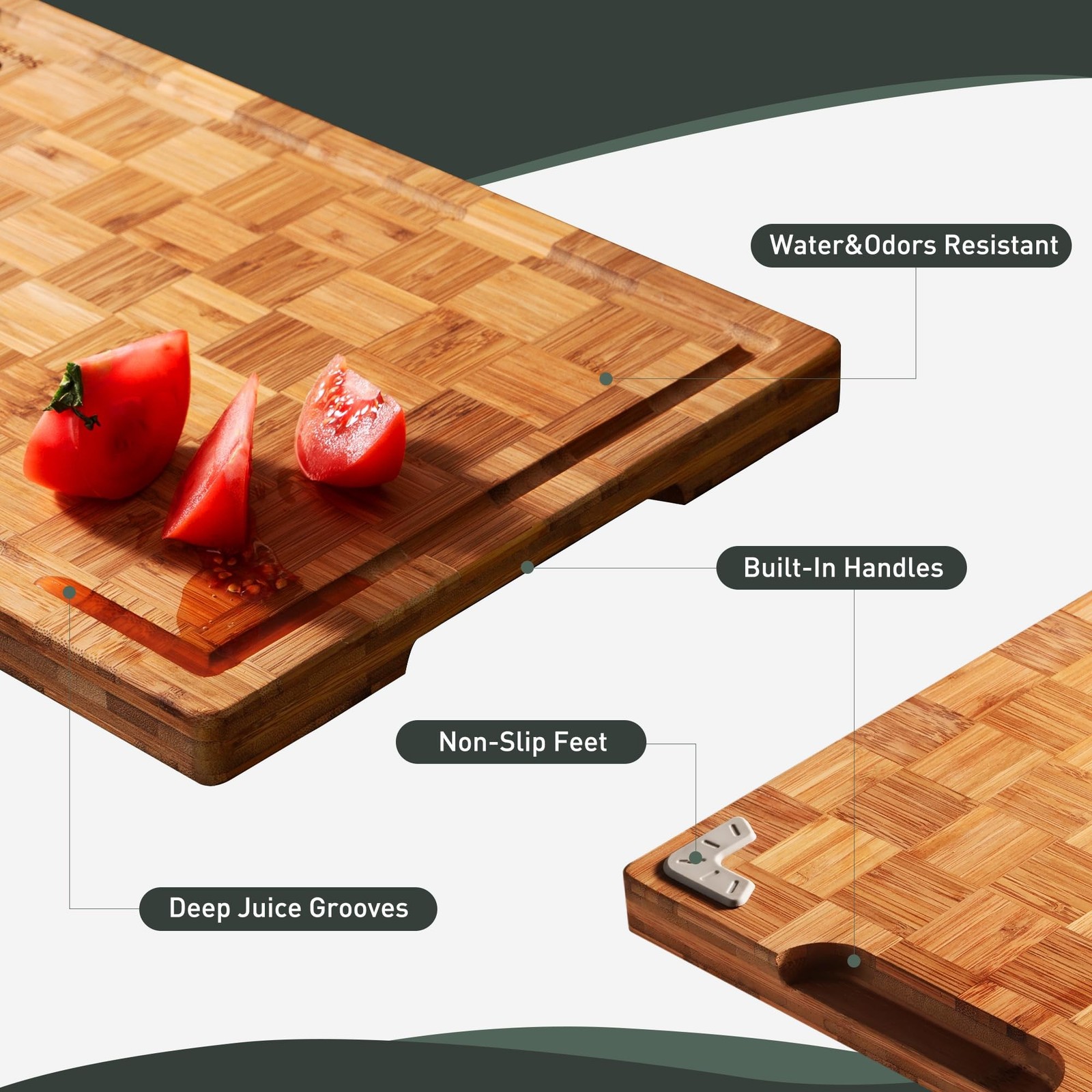 2 Pack Heavy Duty Bamboo Cutting Board Set Non Slip Over Sink Solid End Grain…