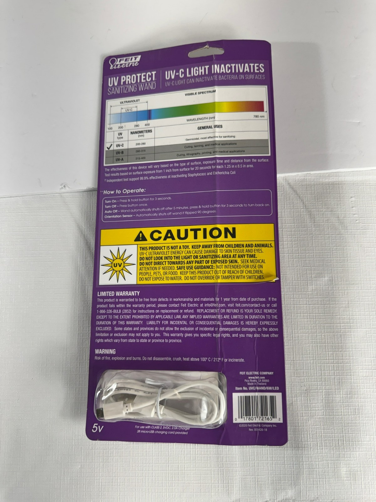 New Feit Electric 6-Watt Portable Disinfecting Sanitizing Wand Rechargeable USB