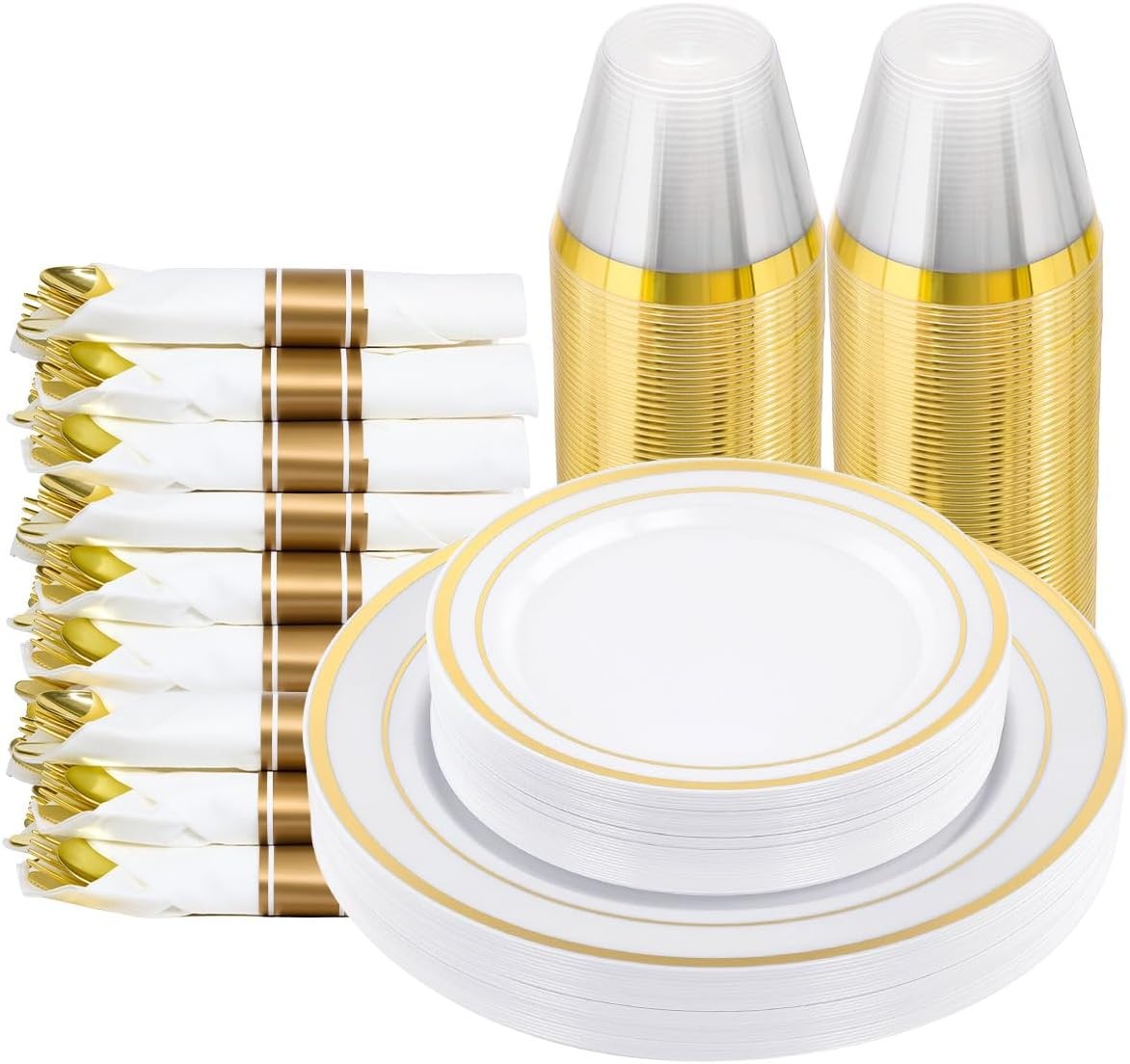 175 PCS White and Gold Plastic Dinnerware Set for 25 Guests, 50 Disposable Pla