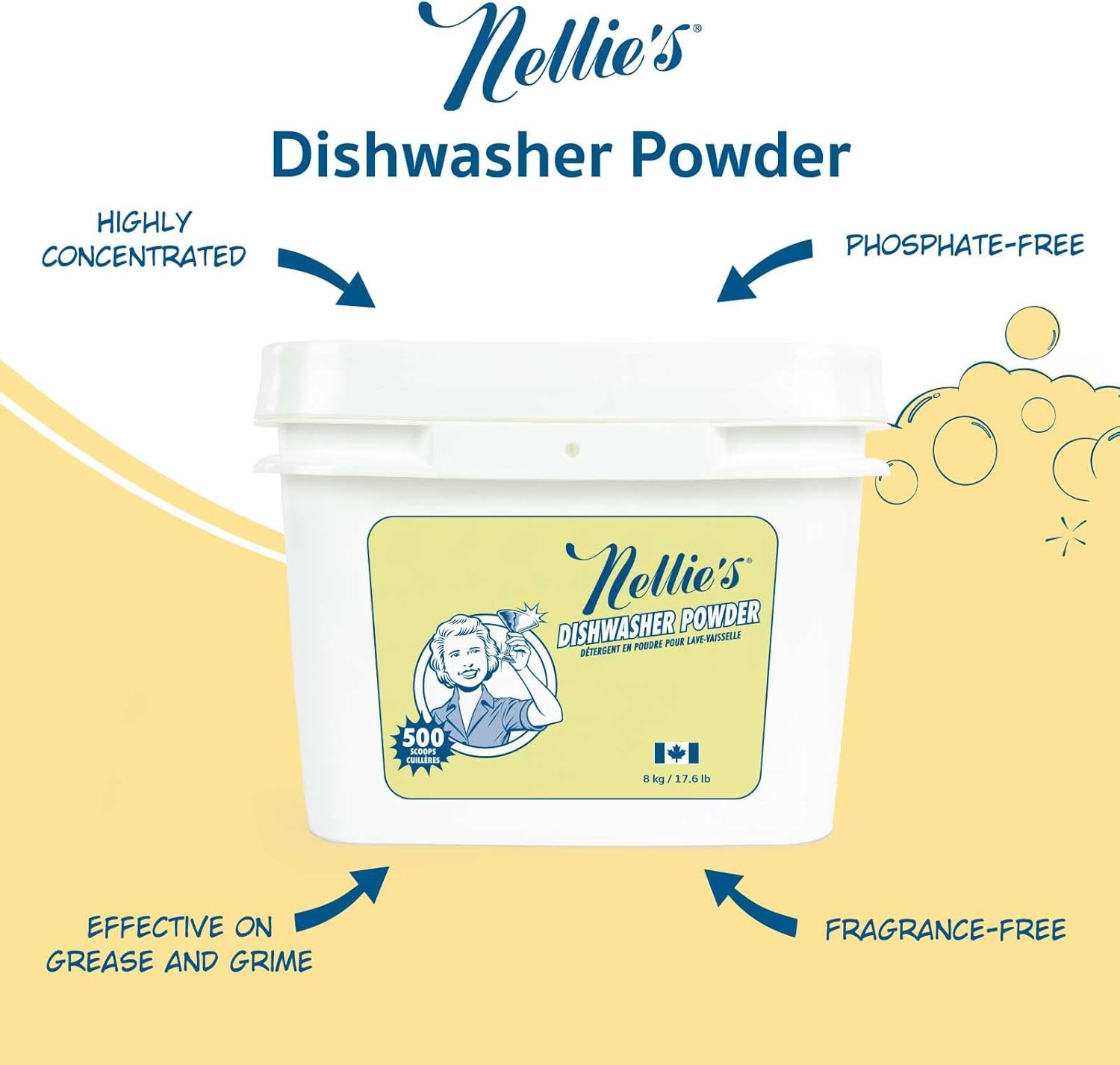 Dishwasher Powder – 500 Scoop Bulk Bucket – Plant-Based Formula – Phosphate-Free