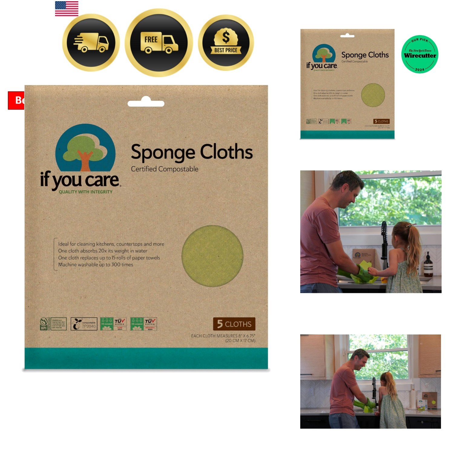 Sponge Cloths – 5 Count – 100% Natural Cleaning Rags for Kitchen, Bathroom, H…