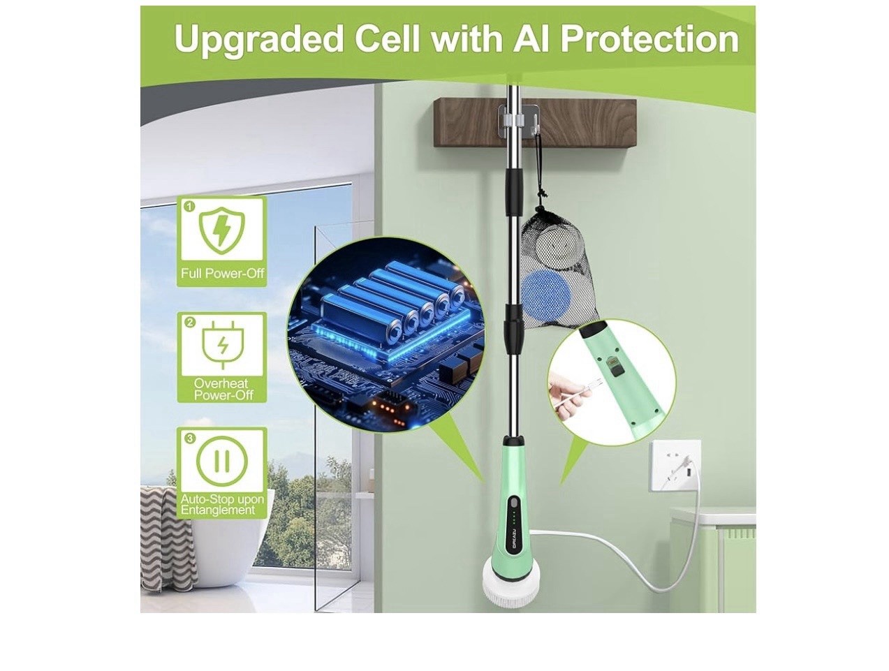 G2-Electric Spin Scrubber – IPX7 Waterproof 10-in-1 Shower Cleaner Brush Green