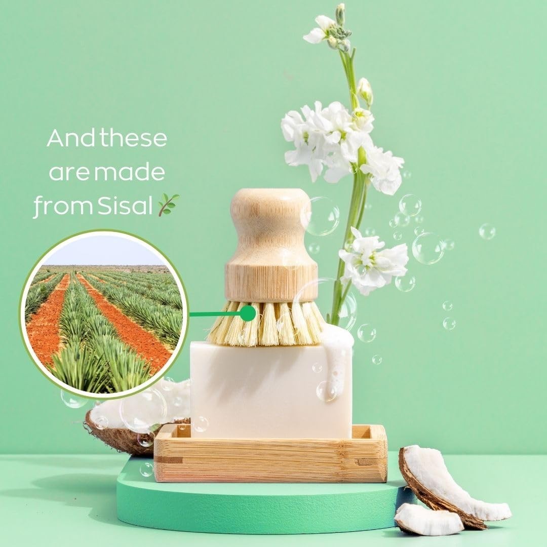 Dish Washing Bar Soap Set with 2 Solid Coconut Oil Bars Sisal Scrub Brush