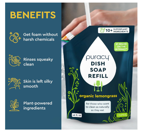 Puracy Natural Dish Soap Refill – Skin-Softening Plant-Based Liquid Dishwashing