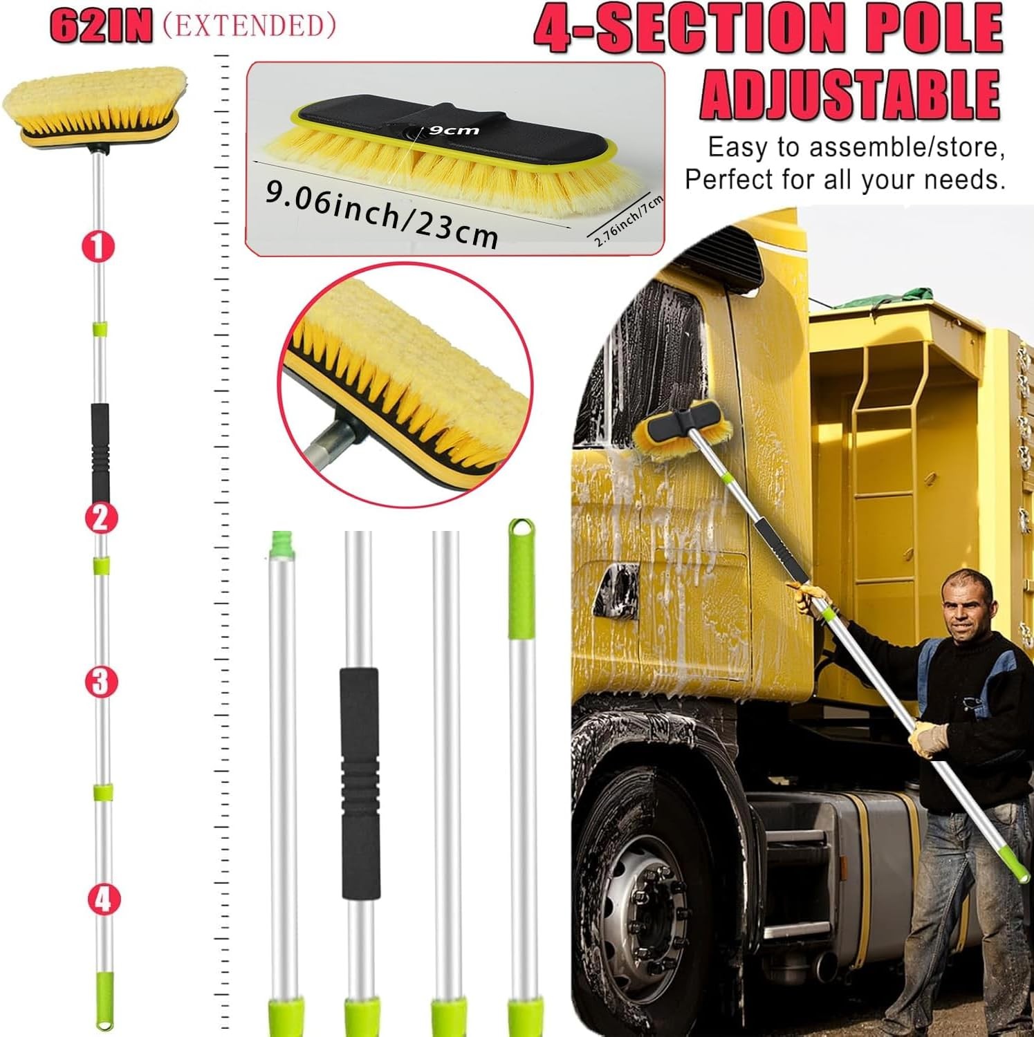 62” Car Wash Brush with Long Handle, Car Wash Kit with Tire Brush, Tower, Wi…