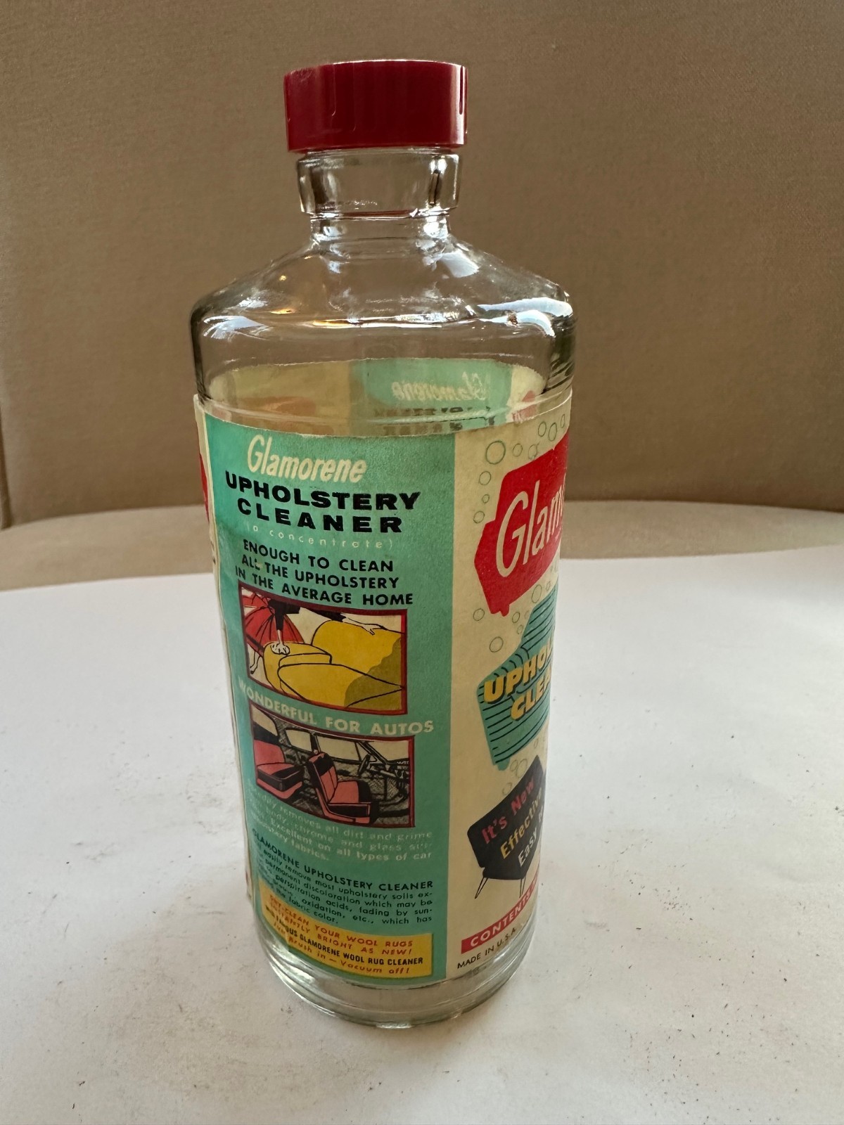 Vintage Glamorene Upholstery Cleaner One Pint Bottle With Lid. No contents.