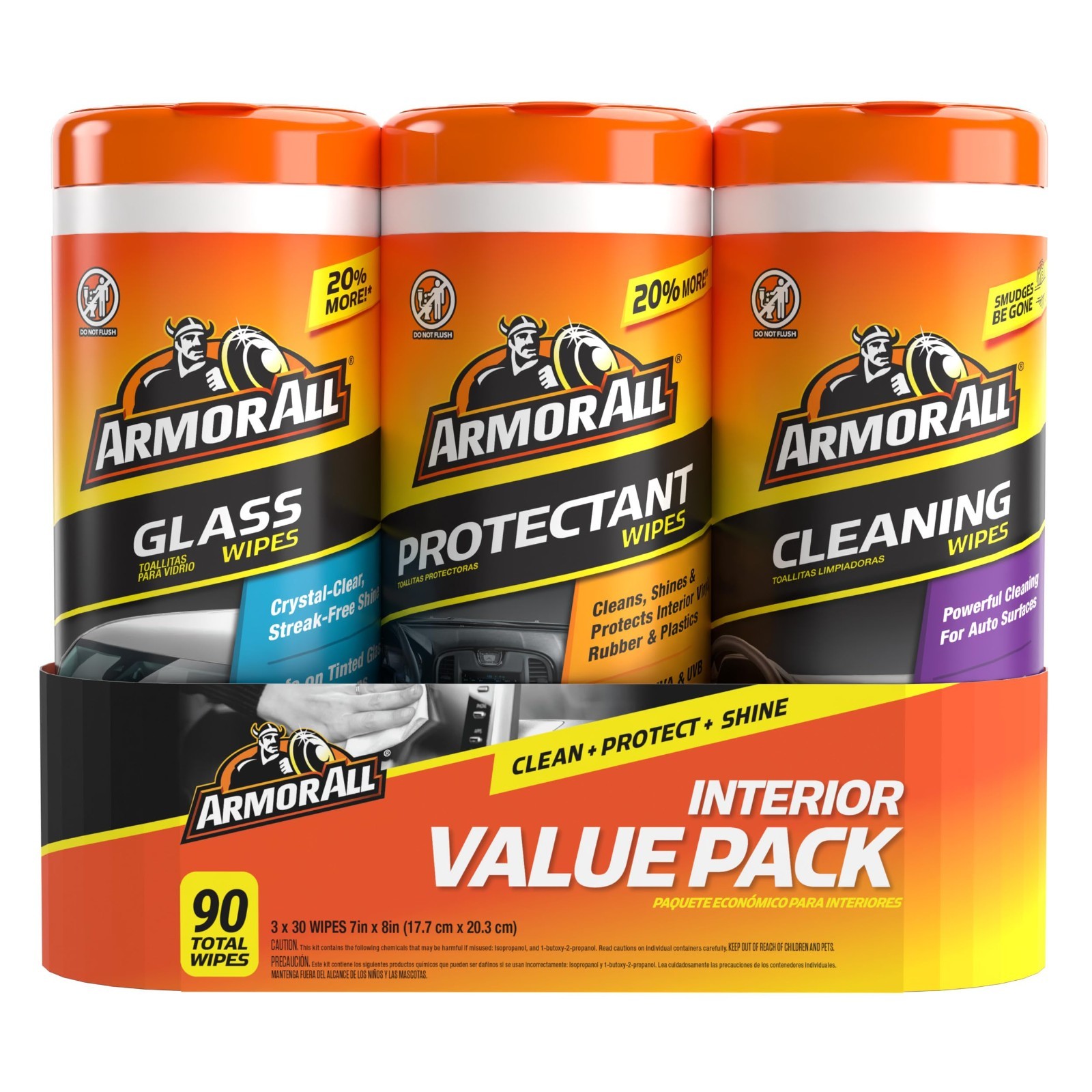 Armor All Protectant, Glass and Cleaning Wipes, Wipes, 30 Count Each (Pack of 3)