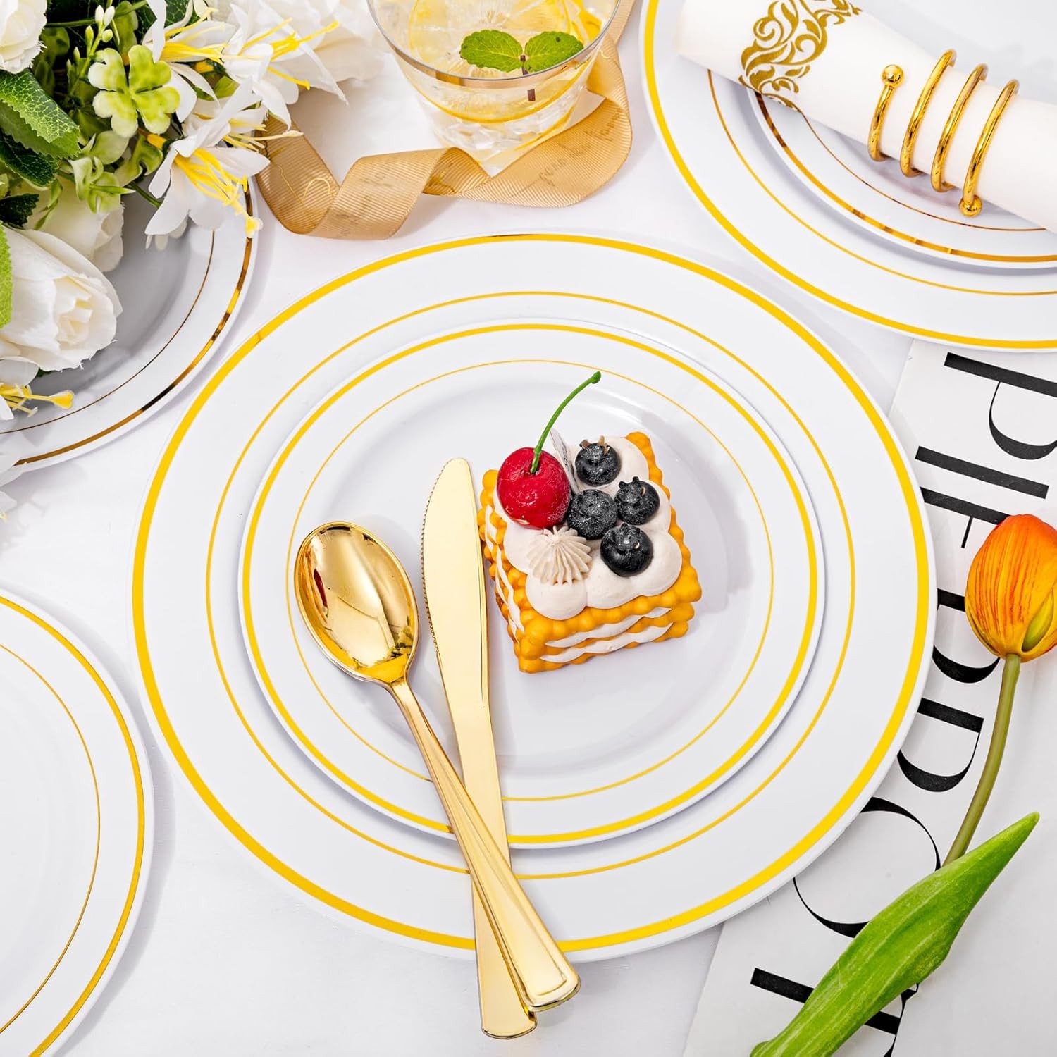 I00000 350Pcs Gold Dinnerware Set for 50 Guests, Gold Plastic Plates for Party