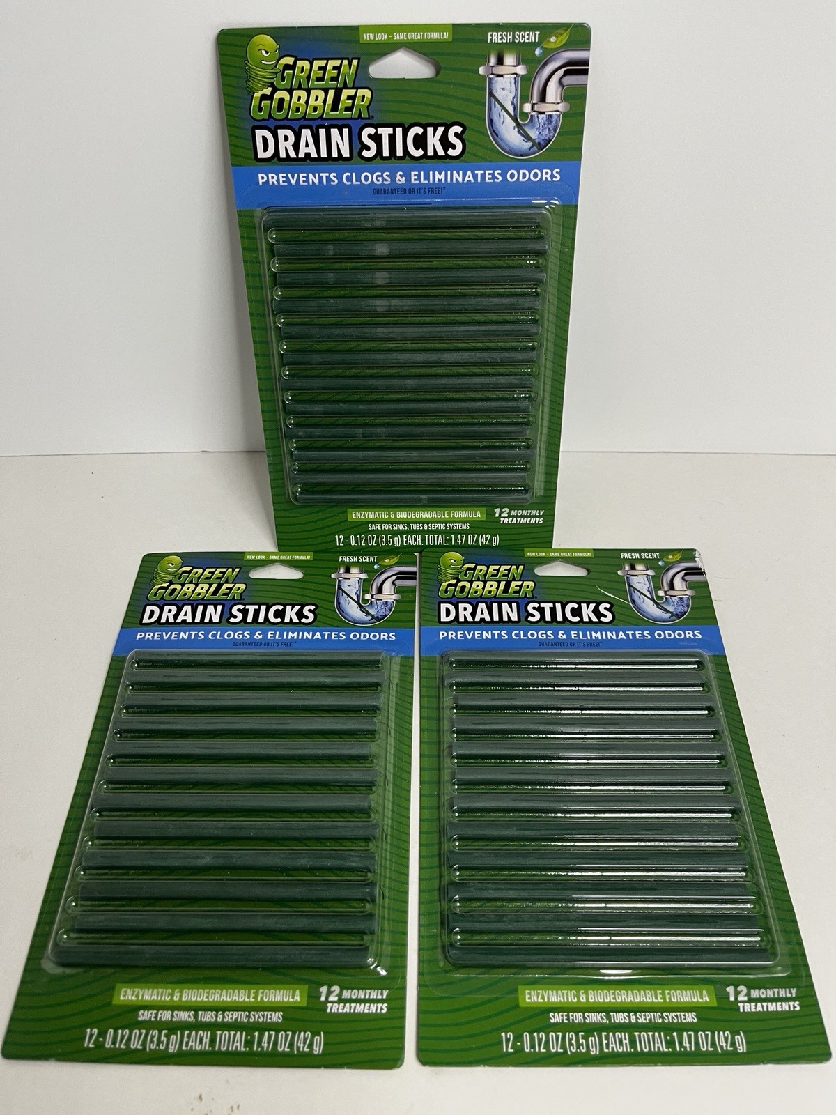 LOT OF 3 Green Gobbler BIO-FLOW Drain Strips Drain Cleaner & Deodorizer