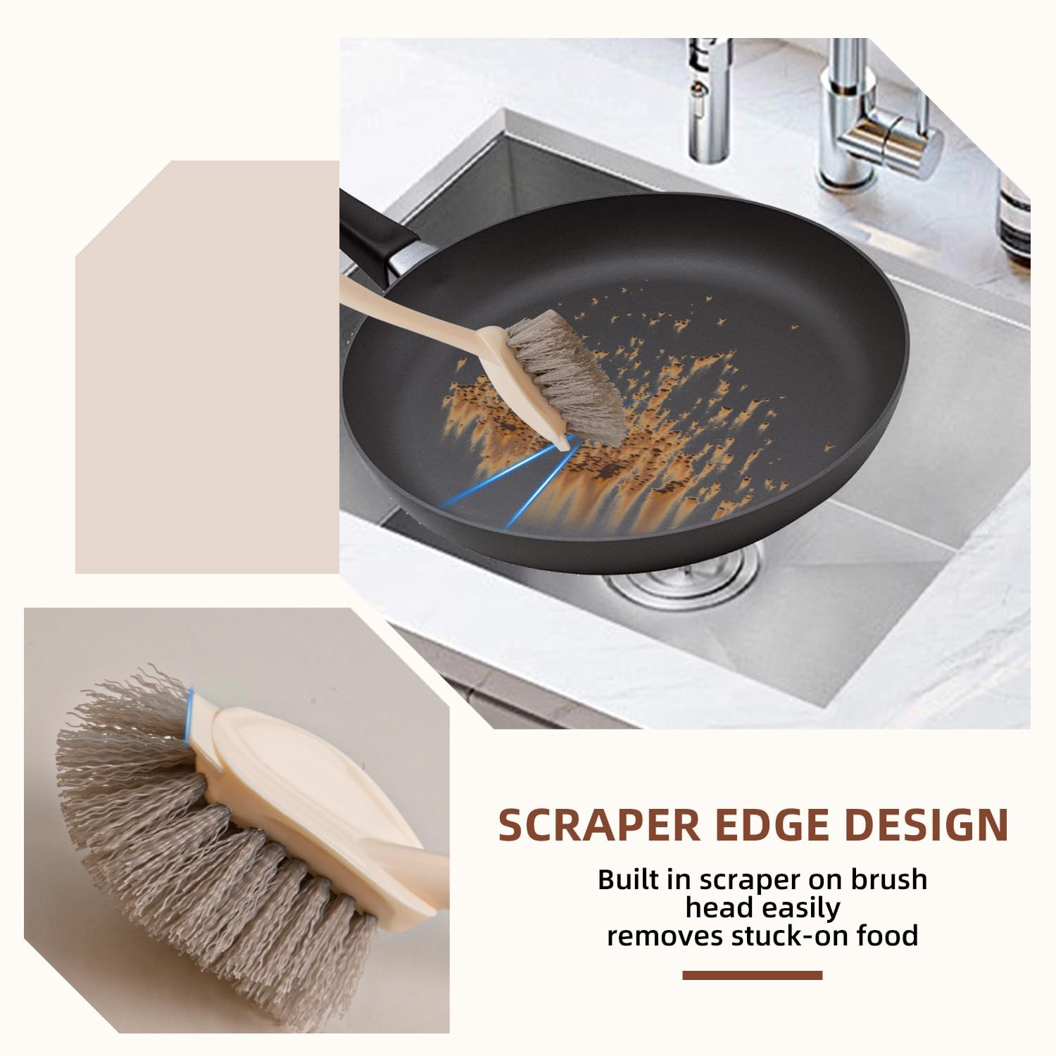 Scrub Brushes Set of 4 with Wooden Handles, Triangle & Square – Medium-Firm