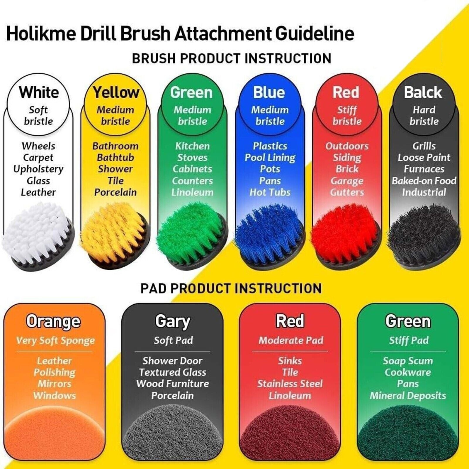Drill Brush Set 4 Piece (Yellow) with 6″ Extension – Fast Free Shipping