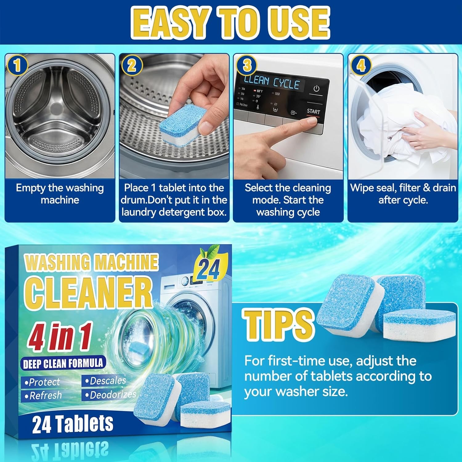 Washing Machine Cleaner Tablets 24-Pack Descaler for Front Load Machines Deep