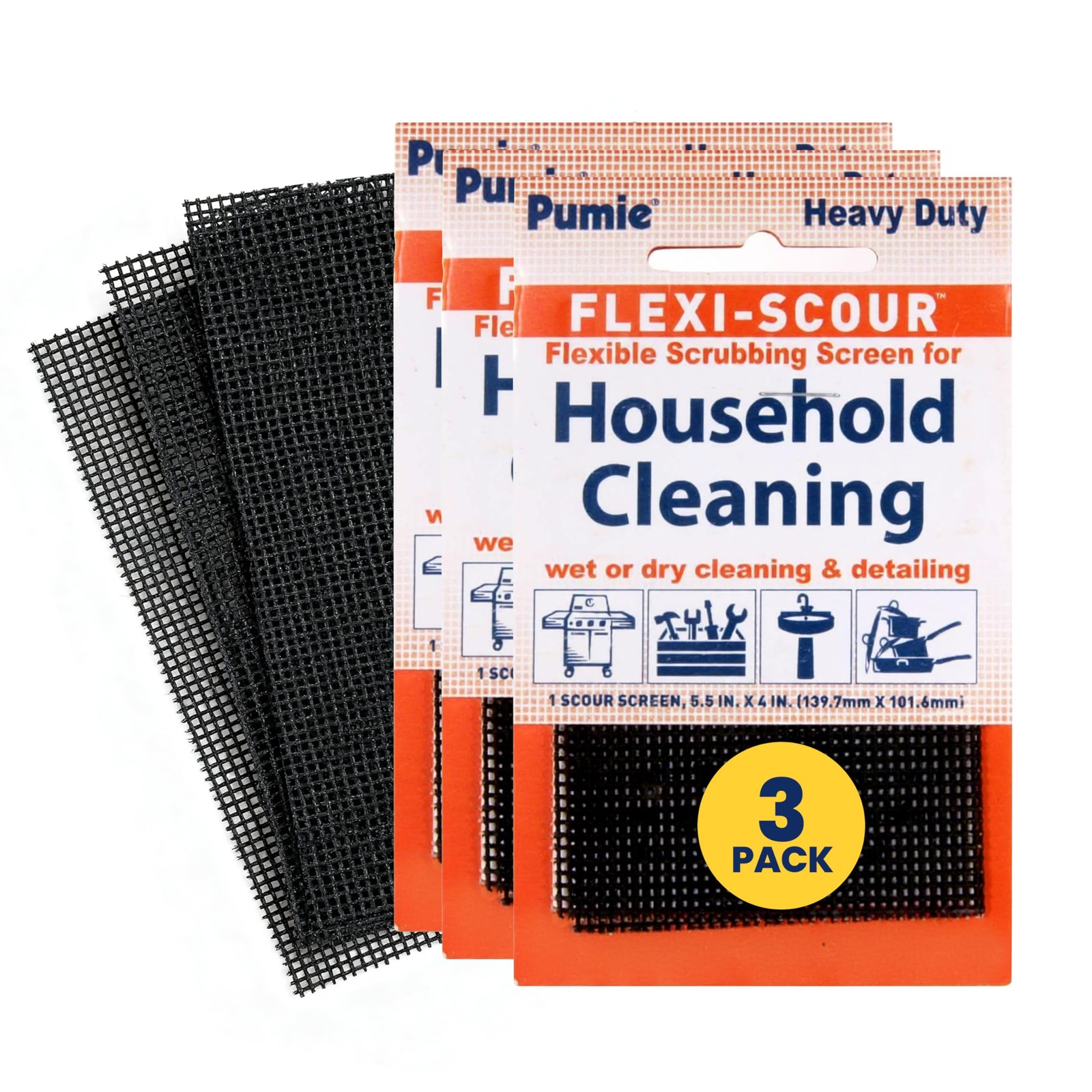 Flexible Scouring Pad Heavy Duty Abrasive Grit Cleaning Screen 5.5x4in 3 Pack