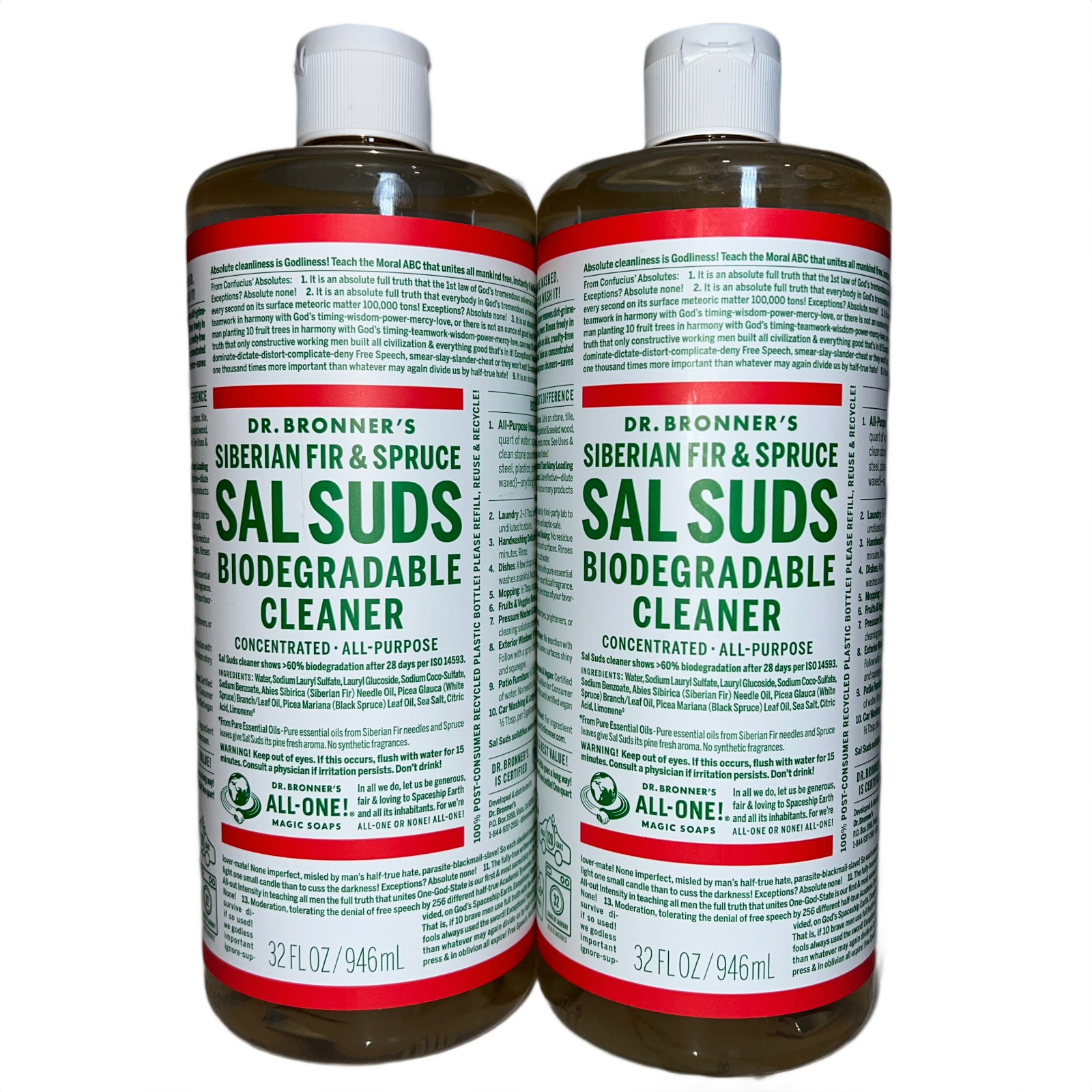2x Dr. Bronner’s Sal Suds Plant-Based Concentrate Siberian Fir Spruce 32oz NEW