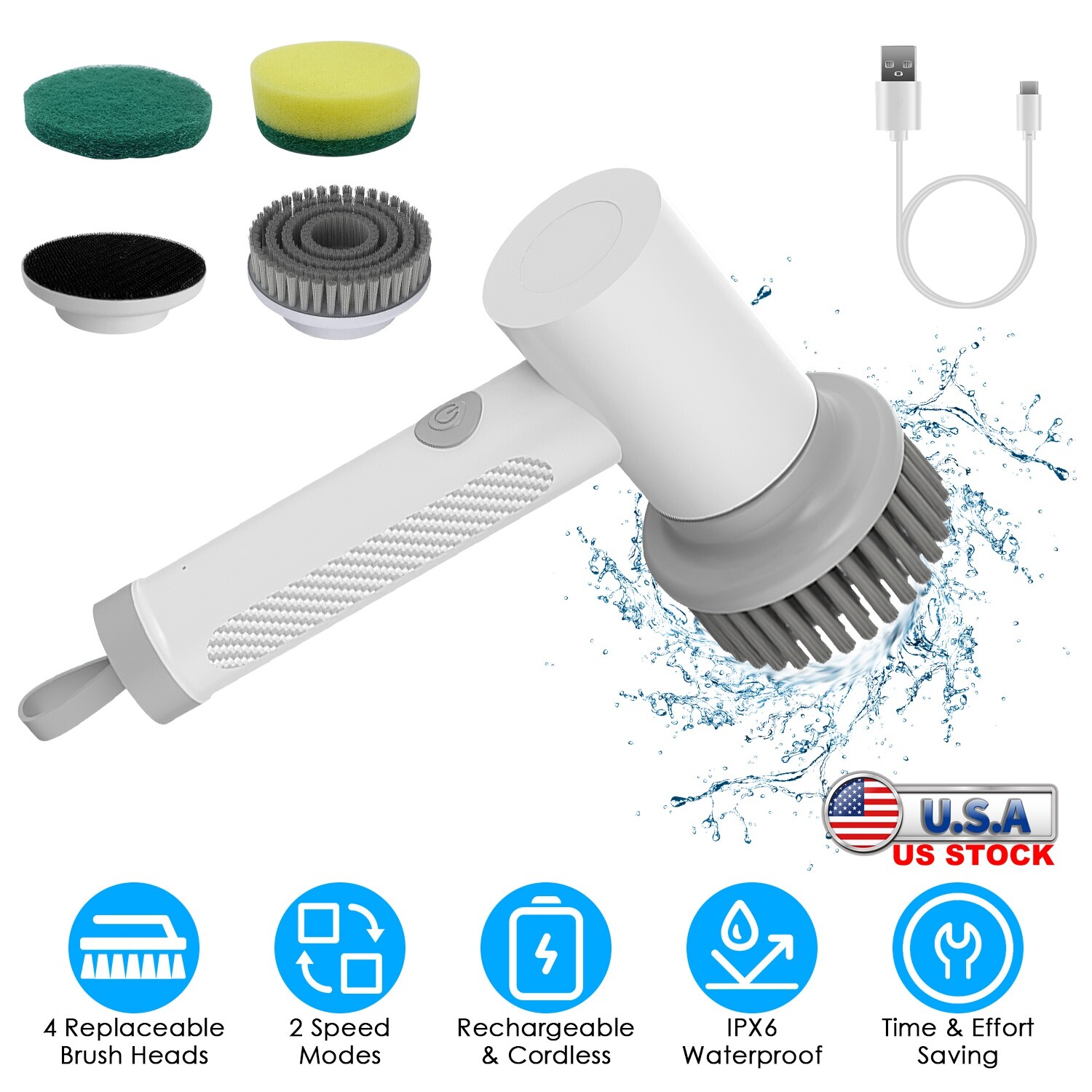 Electric Spin Scrubber Cordless Bath Tub Power Scrubber with Handle & 4 Heads