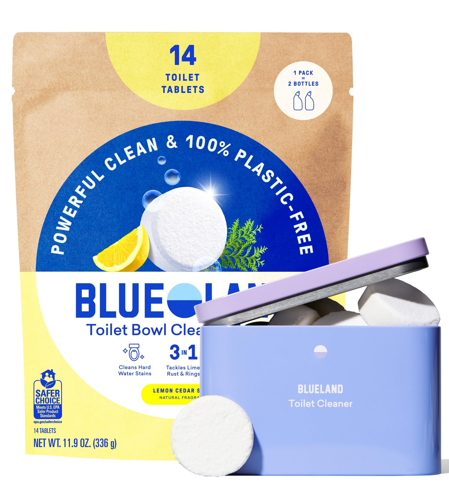 BLUELAND Toilet Bowl Cleaner Tablets, Starter Set, 14 Count with Tin, Lemon C…