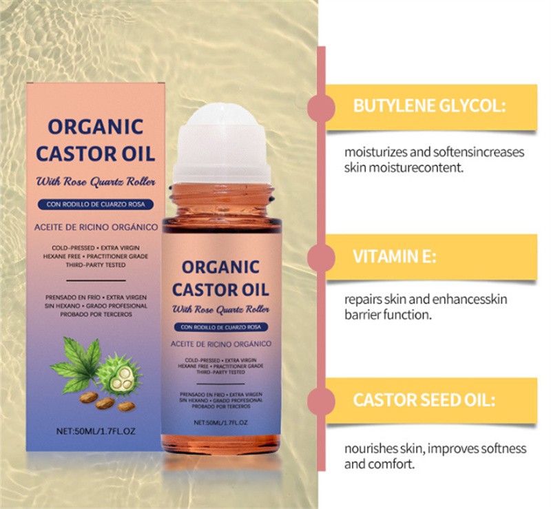 Organic Golden Castor Oil Roll-On with Rose Quartz for Skin,Hair&Wrinkle