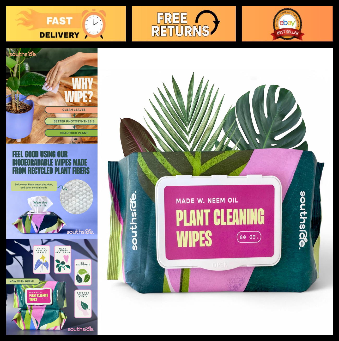 Gentle Plant Cleaning Wipes – Plant-Based, Unscented, Extra Thick Leaf Wipes – 8