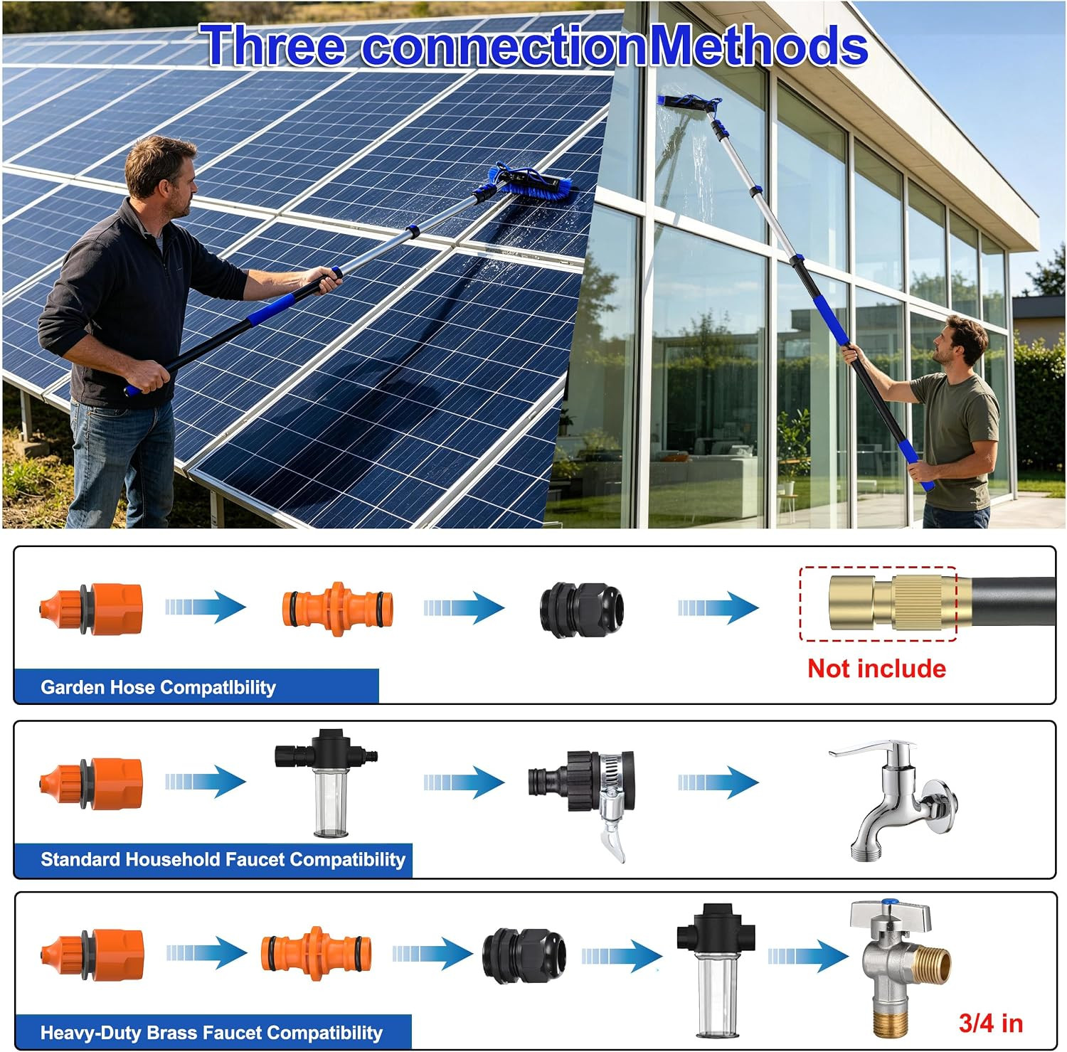 30FT Reach Solar Panel Cleaning Brush Kit with 5-24FT Telescoping Pole, 40FT Hos