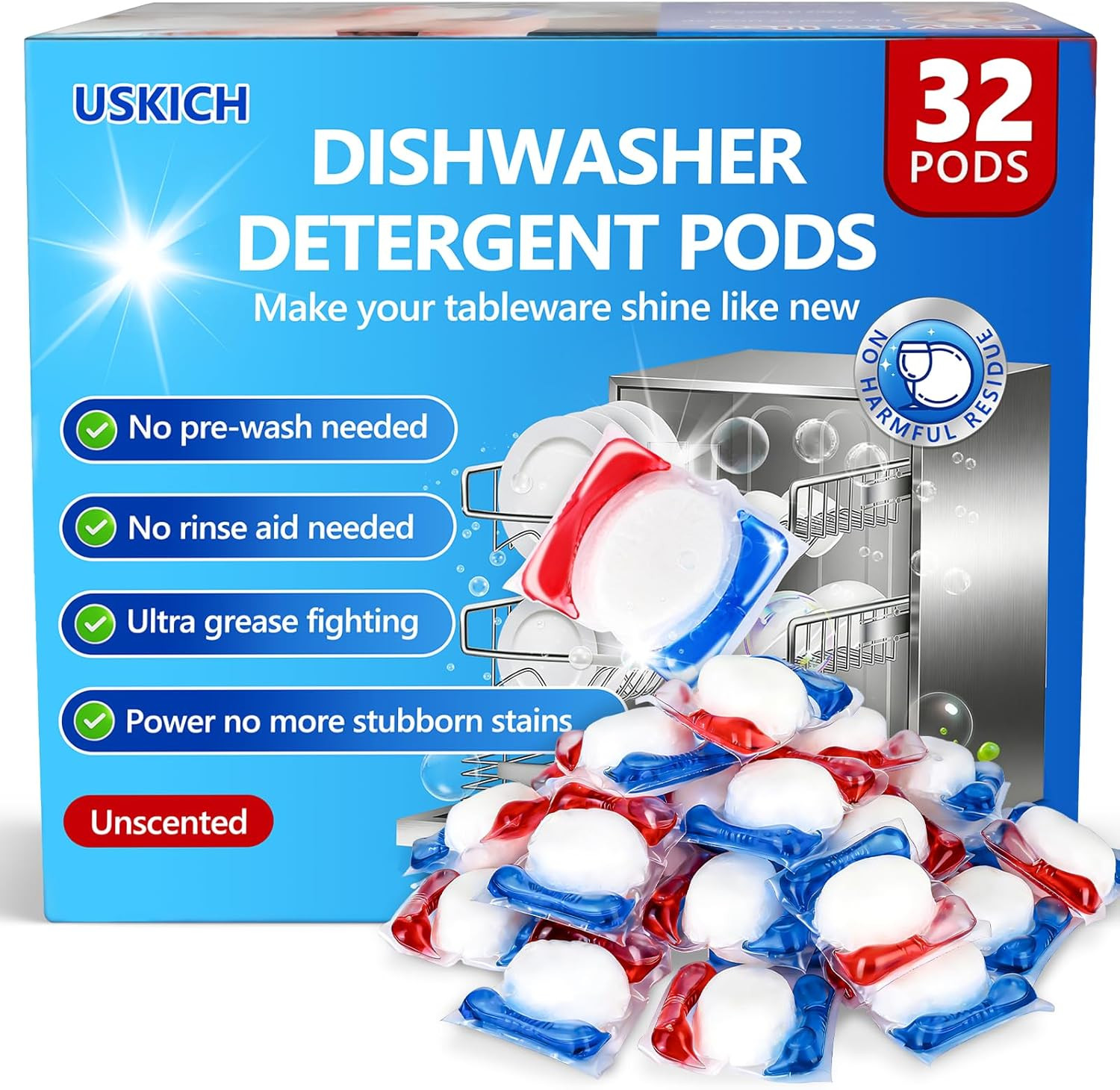 32 Count Dishwasher Pods, No Pre-Rinse Dishwasher Detergent Soap on Stain and Gr