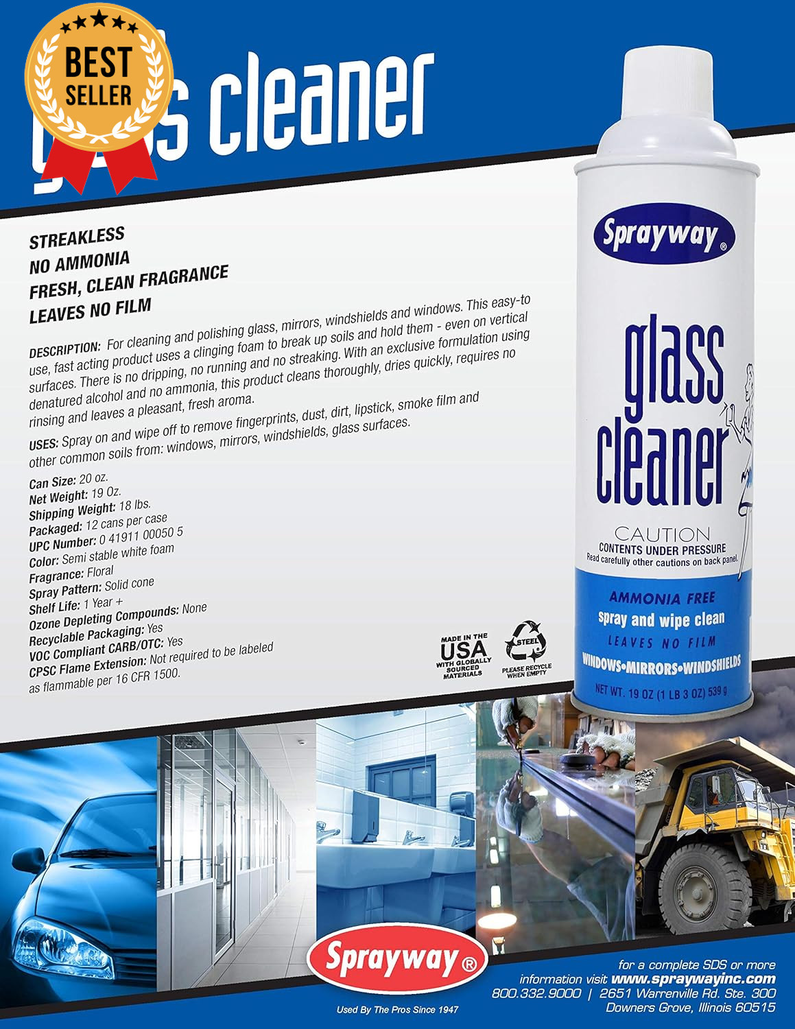 Glass Cleaner Foaming Spray Streak-Free Shine Home Automotive 19 Oz Pack of 12