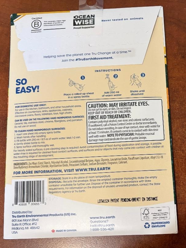 Tru Earth 2 Pack Multi-Surface Cleaner Eco-Strips Concentrated Lemon 8 Sheets x2