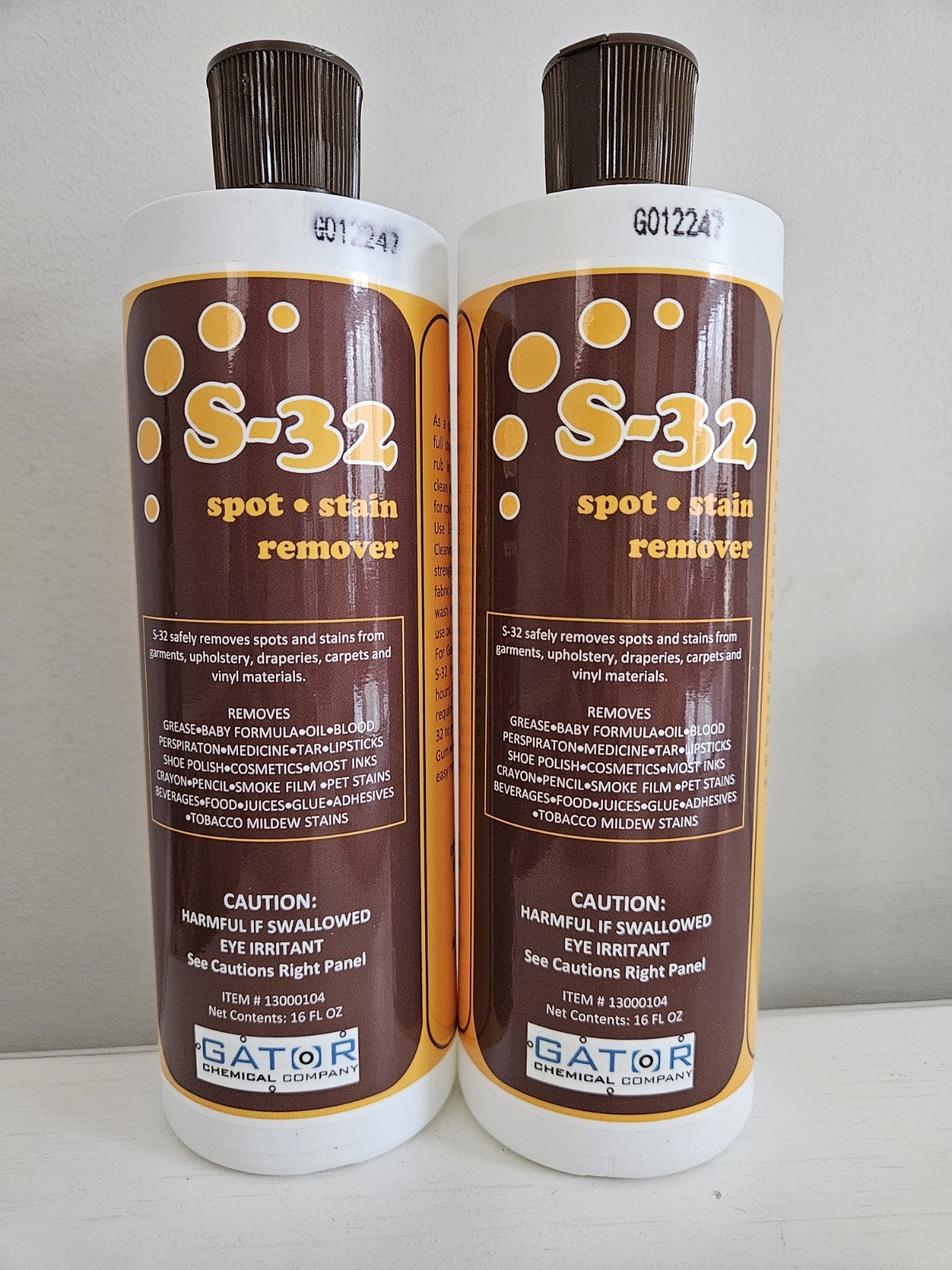 Two (2) S-32 Spot Stain Remover 16oz, Cleans Clothes, Carpet, Upholstery & Vinyl