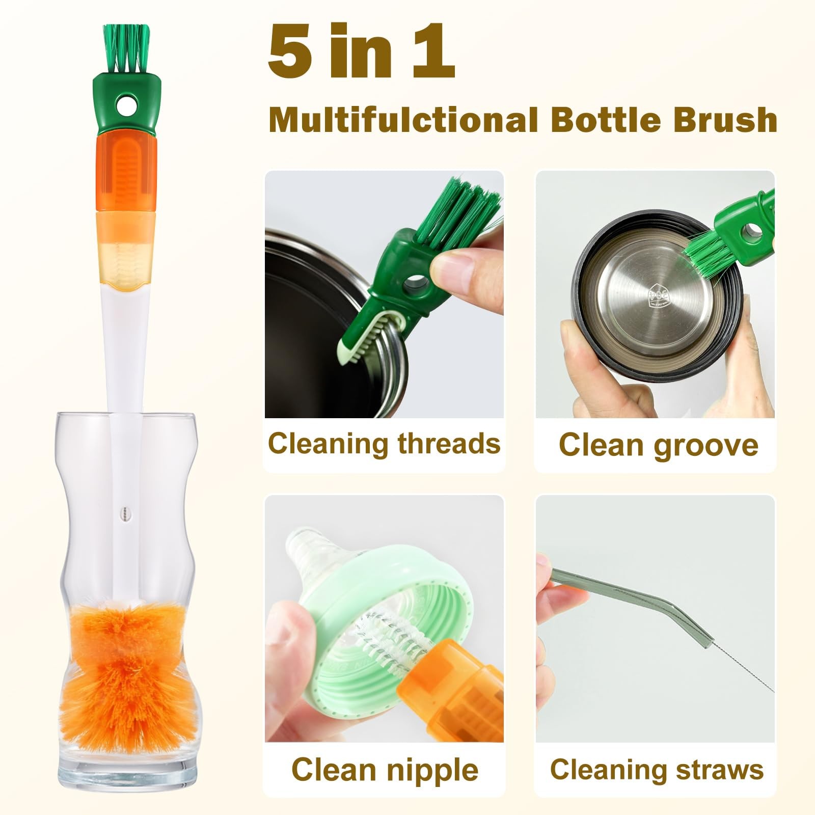 5 Pack Bottle Brush Set, 5 in 1 Long Handle Water Bottle Cleaning Brush, 3 St…