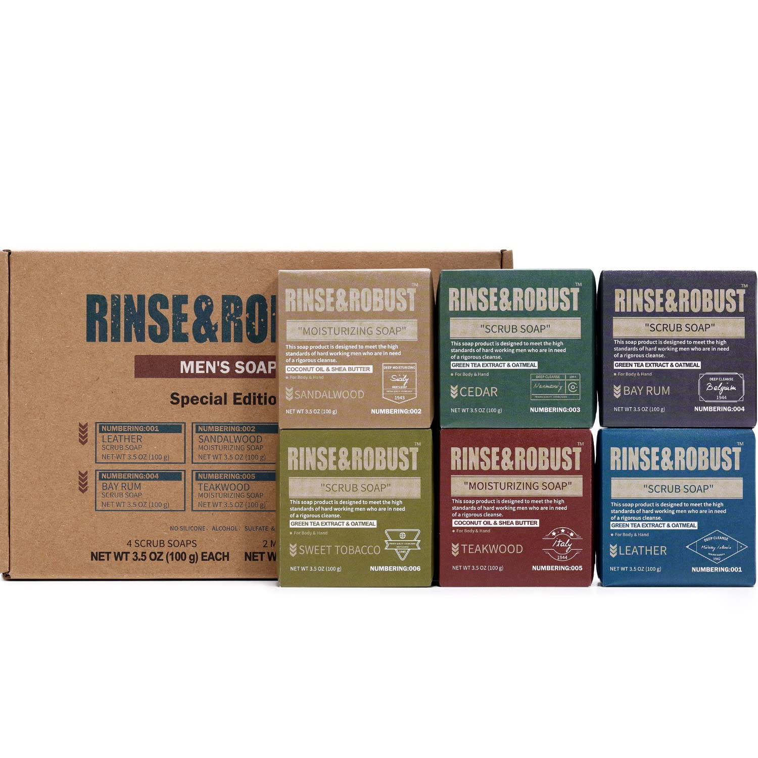 Rinse & Robust Mens Soap Bar Set 6Pcs Natural Handmade Cleansing Bar Soap Set Mo