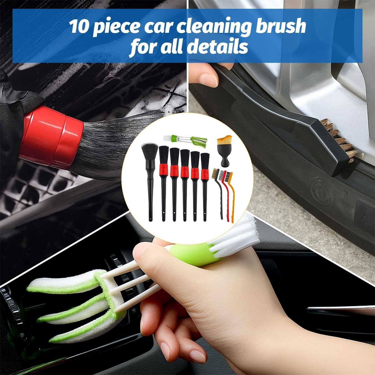 11PCS Car Detailing Brush Set, Soft Boar Hair Vehicle Interior Exterior Detai