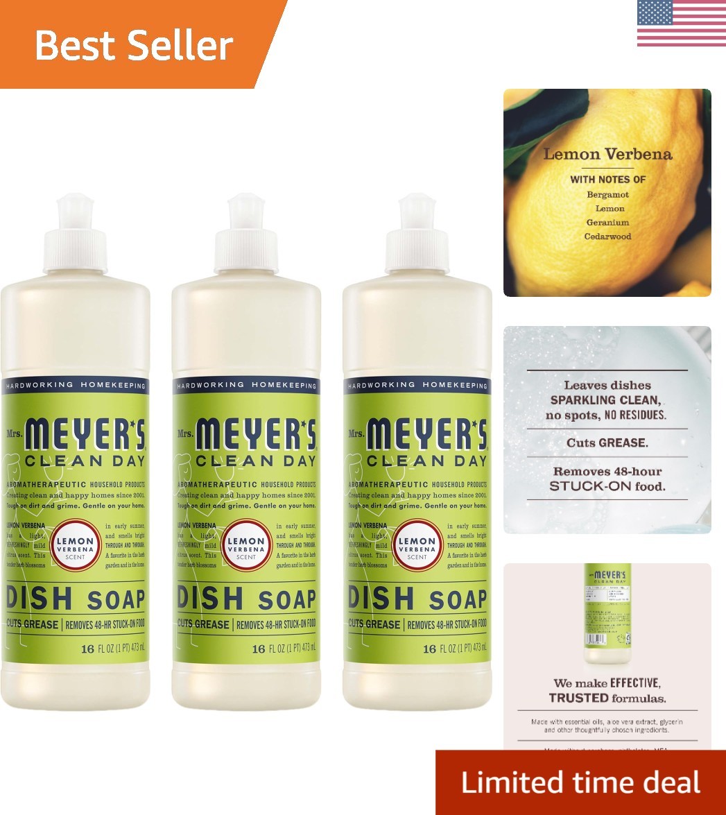 MRS. MEYER’S CLEAN DAY Liquid Dish Soap, Lemon Verbena, 16 fl. oz – Pack of 3