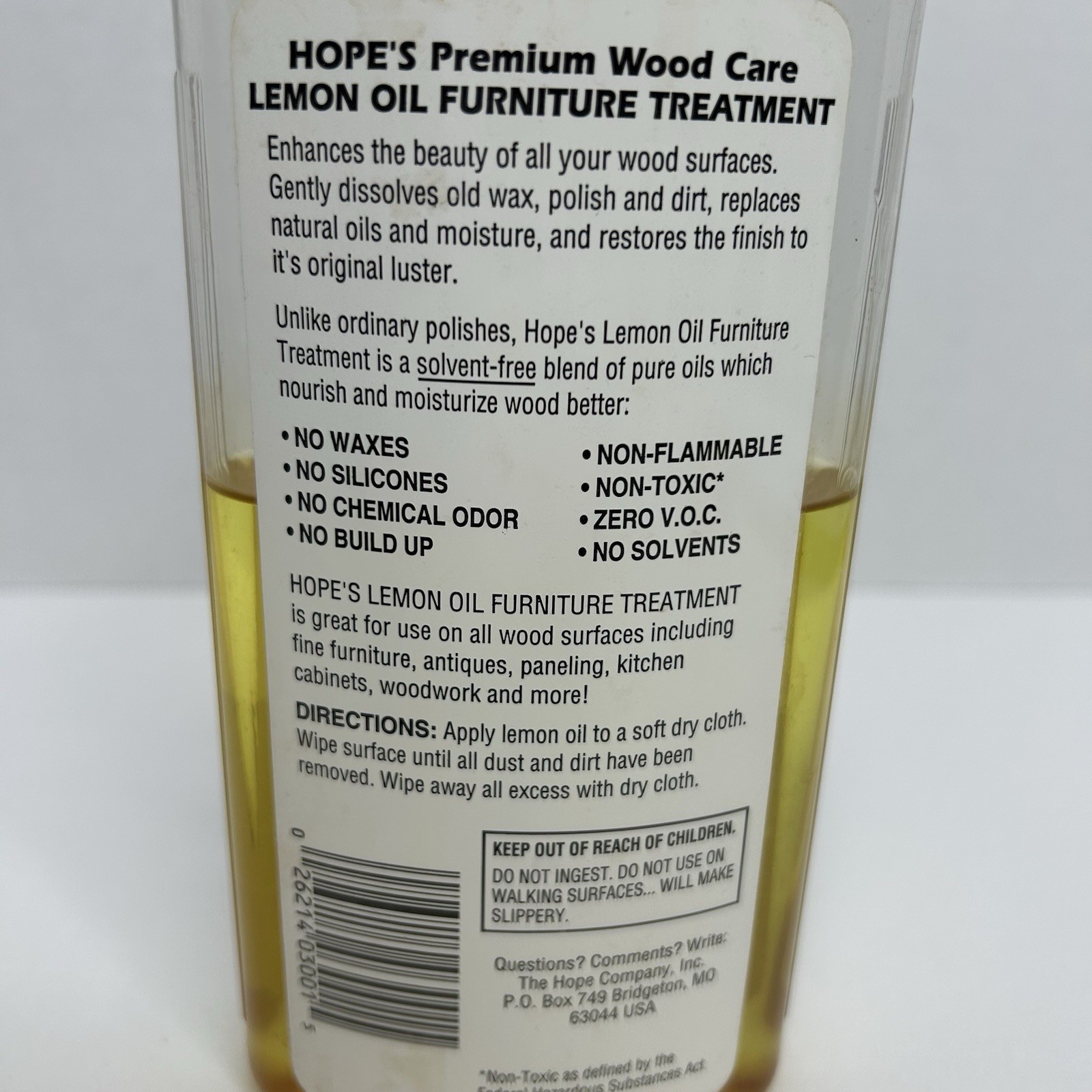 Vtg Hope’s Lemon Oil Furniture Treatment 16 oz Non-Toxic Solvent Free 1/2+ Full