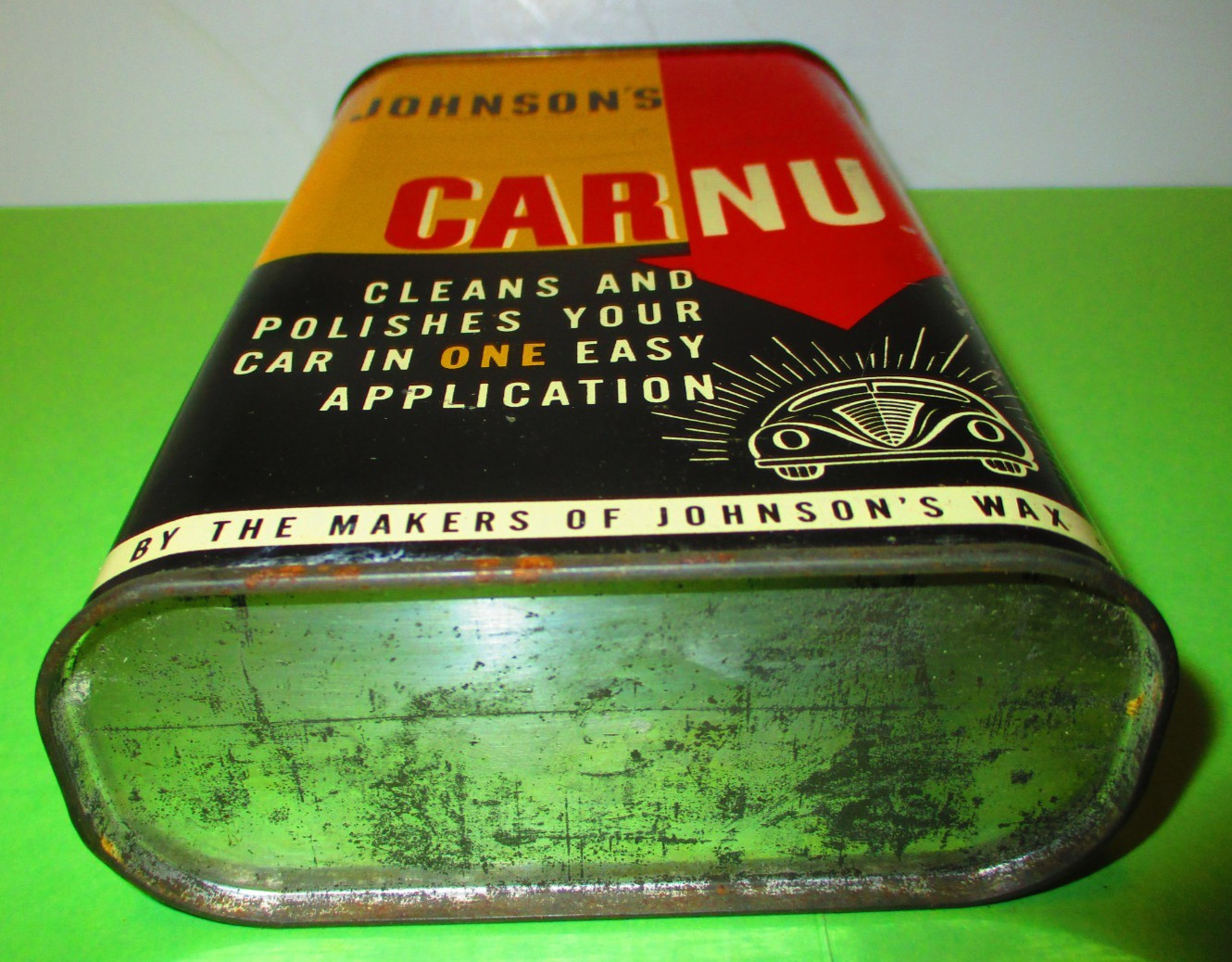 ORIGINAL COPYRIGHTED 1938 NEAR FULL TIN CAN OF JOHNSON’S CARNU BY JOHNSON’S WAX