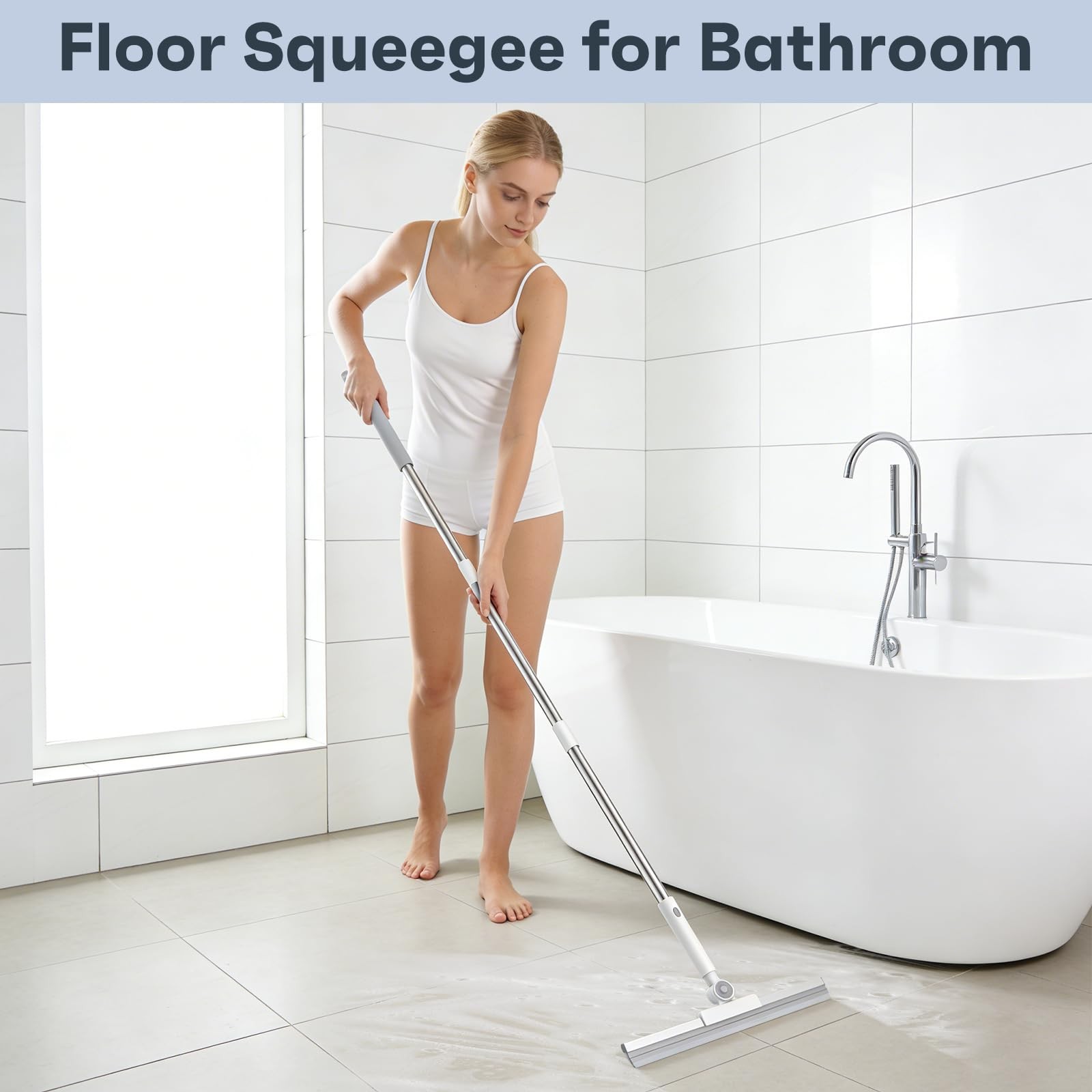 52in Adjustable Floor Squeegee with 180° Rotating Head Long Handle for Tiles