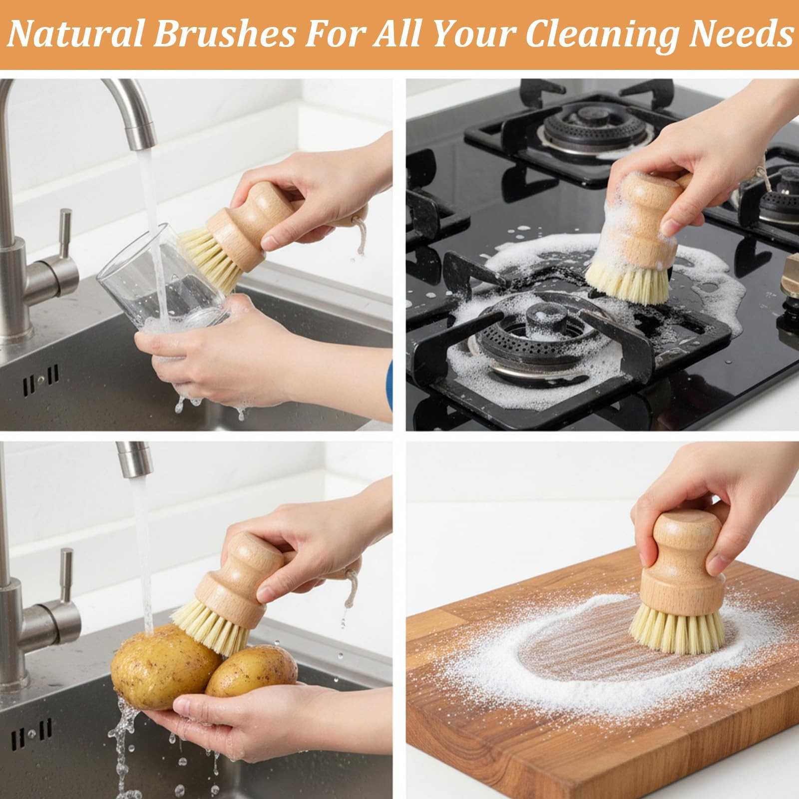 14 Pack Bamboo Dish Brush Set Natural Sisal Scrub Brushes for Pots Pans Sinks…