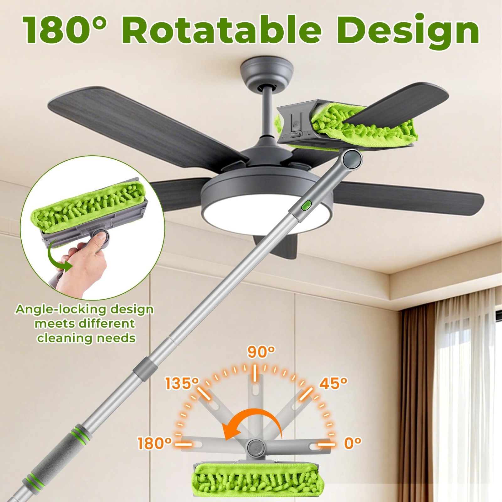 Ceiling Fan Cleaner Duster with 77″ Pole, 4-in-1 Microfiber & Chenille Tool, Ben