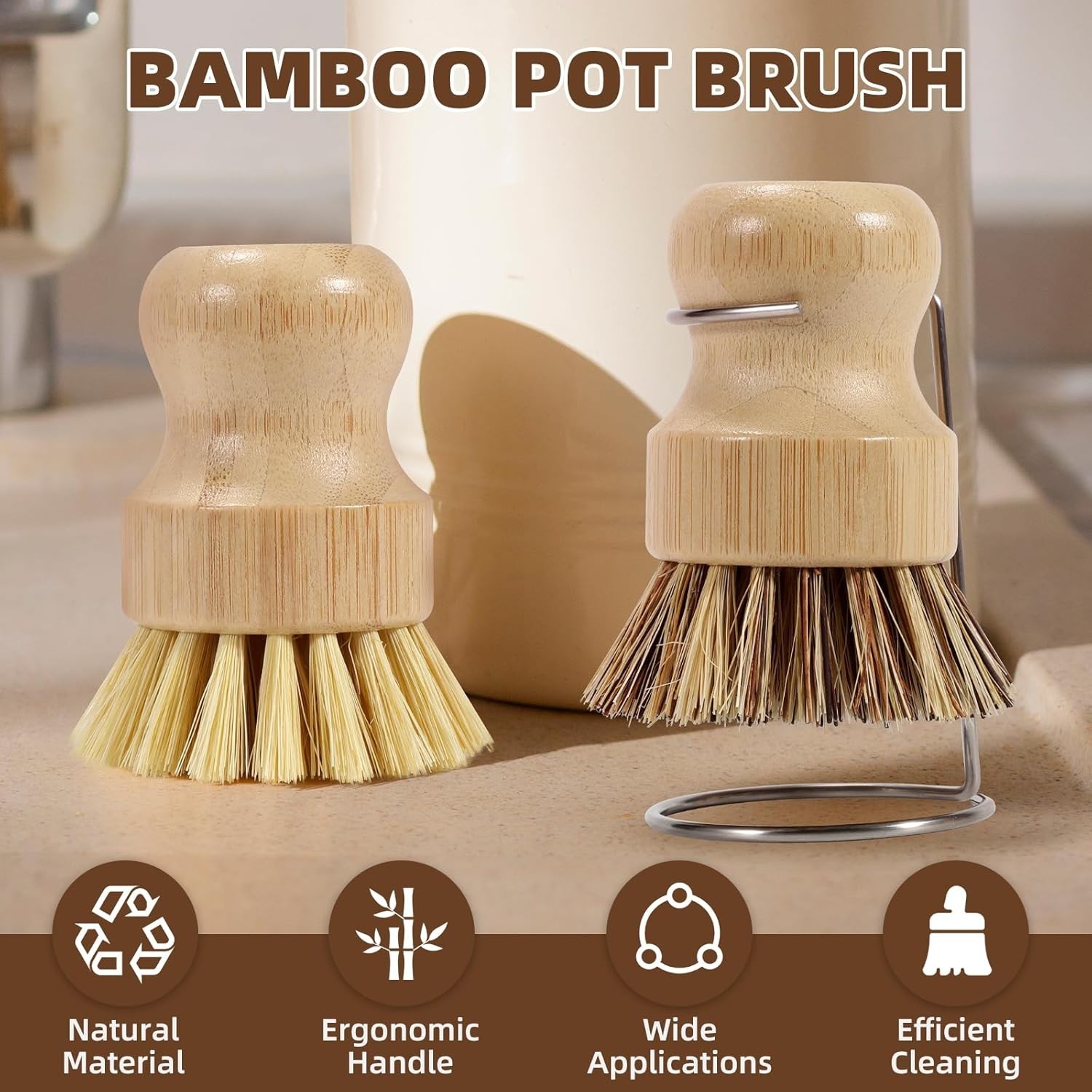 6Pc Bamboo Dish Brush Set Easy Clean Pots Pans Sink Scrub Brushes with Holders