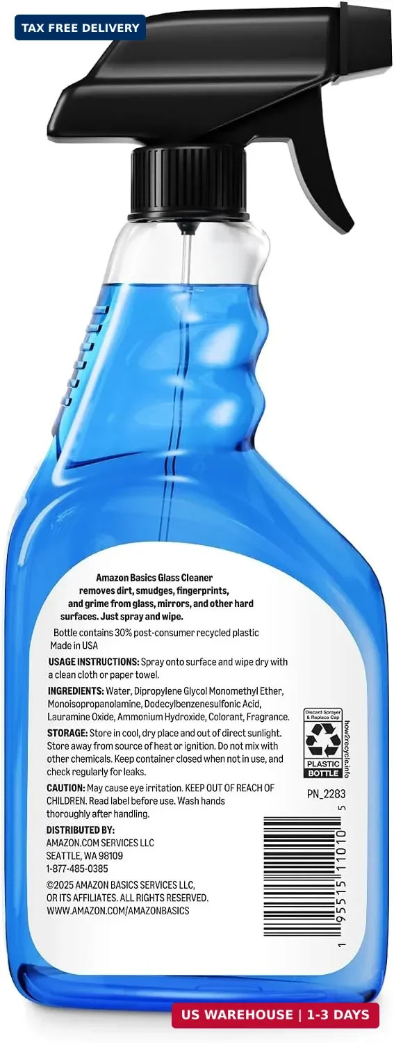 Amazon Basics Glass Cleaner, Streak-Free Shine, 32 Fl Oz, Pack of 2 with 1 Spray