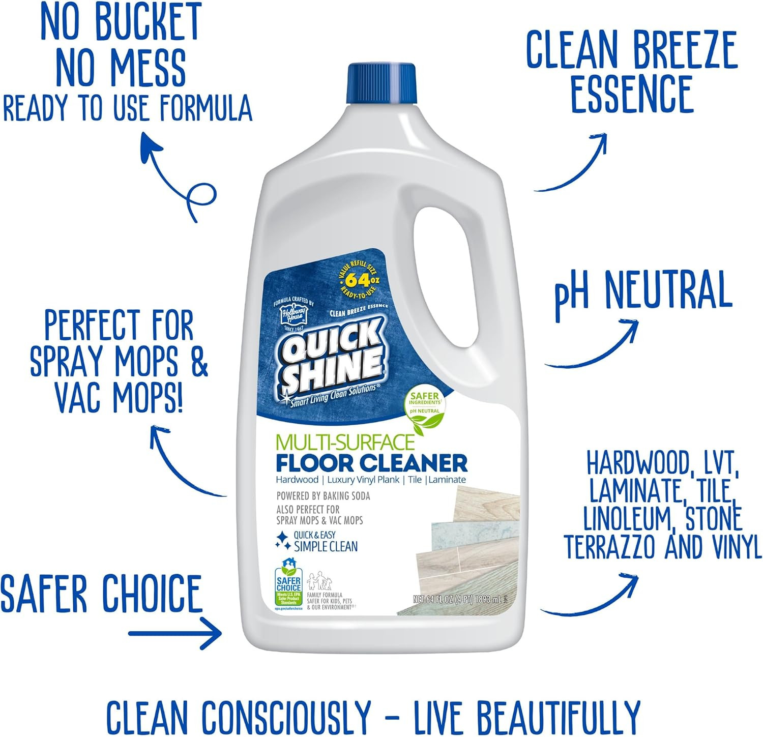 Multi Surface Floor Cleaner 64Oz, Ready to Use-Streak Free-No Rinse, Use on Hard