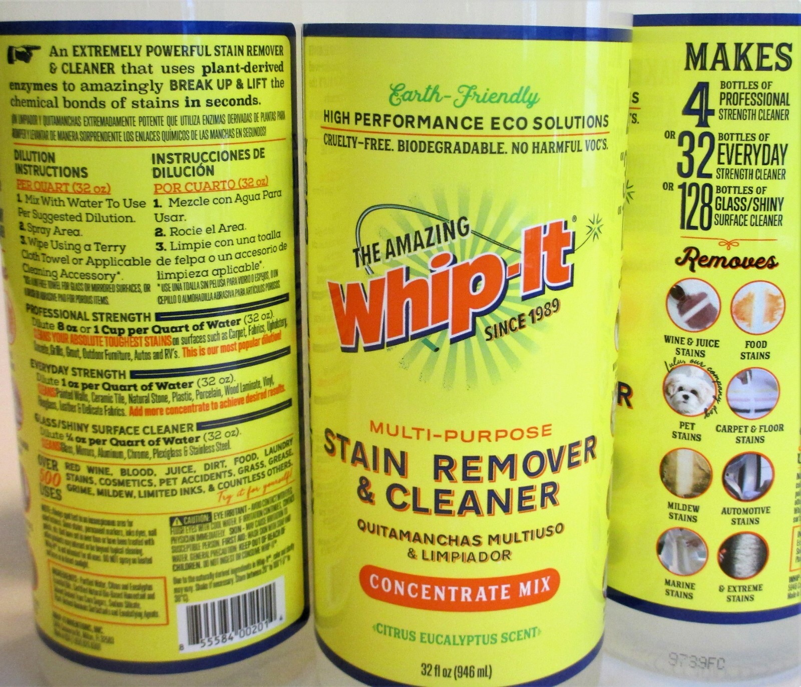 Lot of 2 WHIP-IT Concentrate MIRACLE CLEANER Eucalyptus Oil Multi Stain Remover