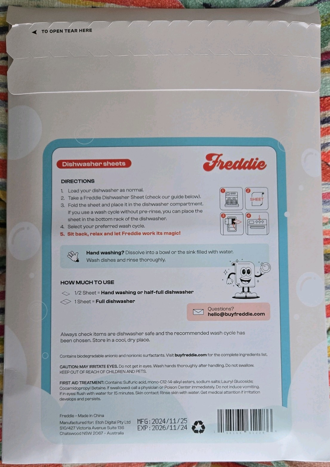 Freddie Dishwashing Detergent Sheets. 90-180 Cycles. No Phosphates/Dyes/Parabens