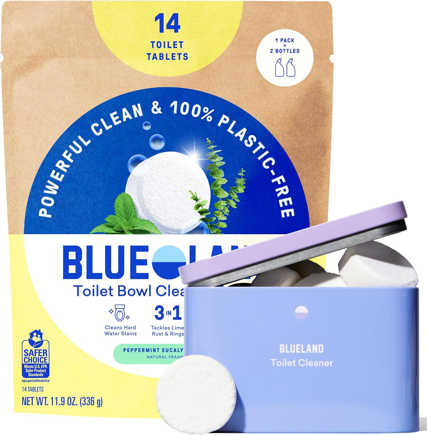BLUELAND Toilet Bowl Cleaner Tablets, 14 Count (Pack of 1), Peppermint Eucalyptu