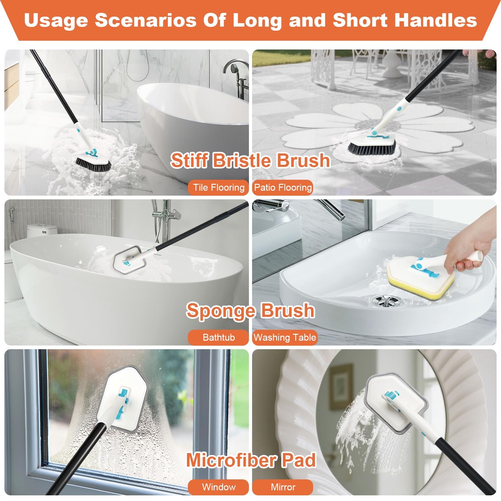 Long Handled Scrub Brush for Shower,3-in-1 Cleaning Brushes with 3 Different …
